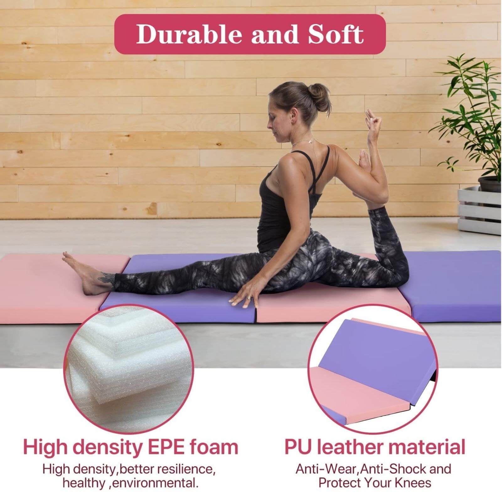 Gymnastics Mat 6x4x2 Folding Tumbling Mat 2” Thick Portable PU Leather Gym Mat with Carrying Handles for Kids Adults, 4-Folding, Mix Color