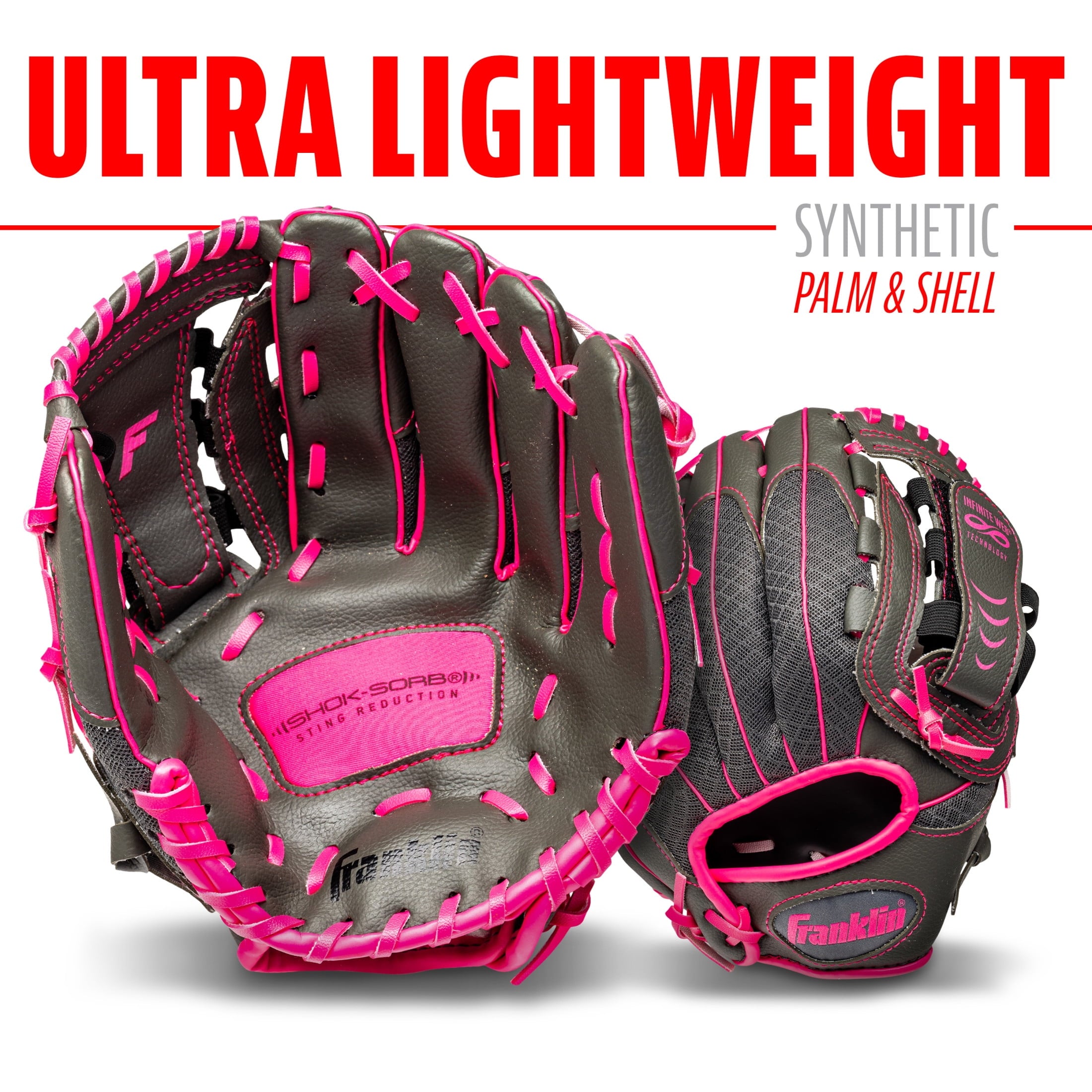 Franklin Sports Shok Sorb Kids Baseball + Teeball Glove - Youth Baseball, Softball + Tball Glove for Boys + Girls - Right Hand Throw - Pink - 10.5"