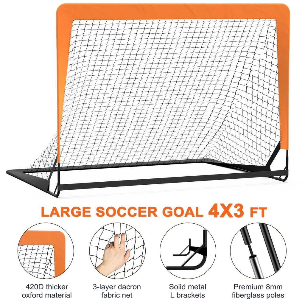 4 x 3FT Kid Soccer Goals for Backyard, Portable Pop Up Soccer Goal Training Equipment with Soccer Ball and 10 Cones,Indoor and Outdoor Soccer Nets for Kids Youth Toddler Sports Games