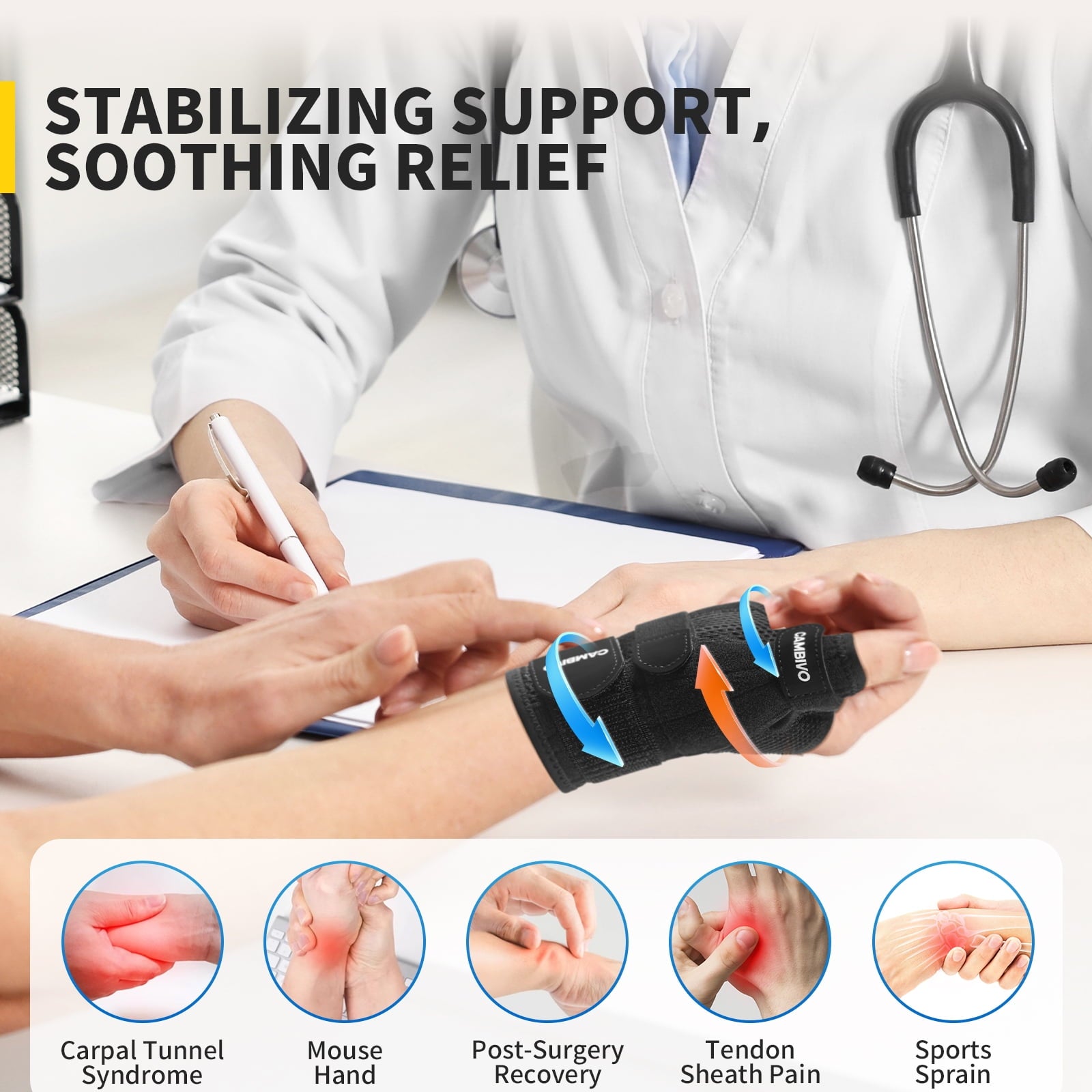 CAMBIVO Wrist Brace & Thumb Stabilizer Right Left Hand with Adjustable Straps, Wrist Support Splint for Arthritis, Tendonitis, Carpal Tunnel Pain Relief and Thumb Sprain Black S-XL
