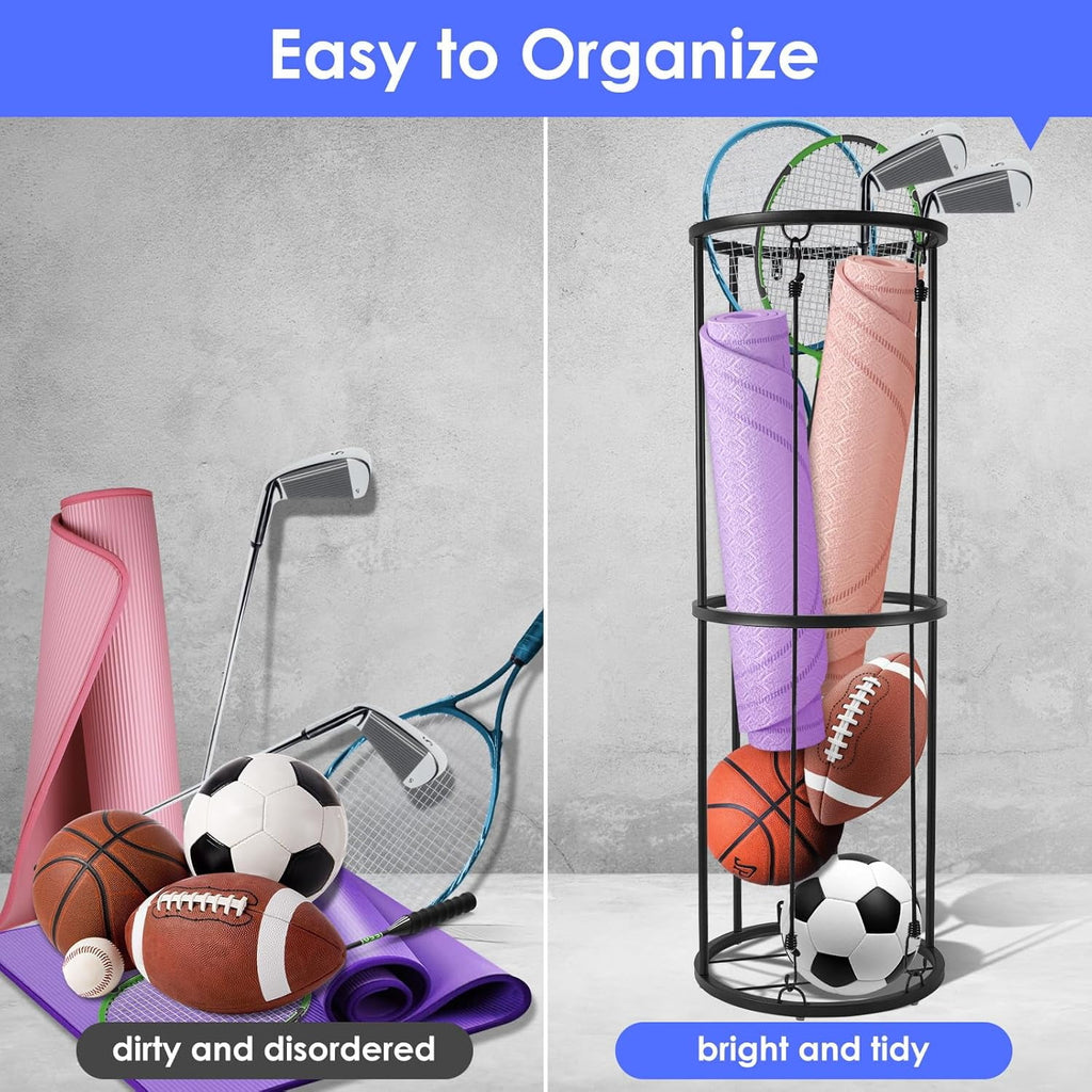 Garage Ball Storage Rack - Wall-Mounted Vertical Ball Holder for Basketball, Soccer, Volleyball, Football - Space-Saving Sports Organizer for Garage, Home, Basement, Kids' Room, Outdoor Use