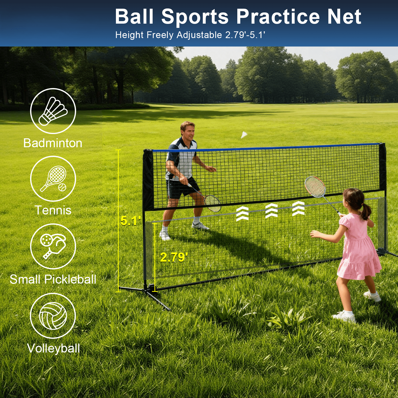 SHOUFTW Nylon Height Adjustable Volleyball Net, Badminton Net with Carry Bag, Volleyball Net for Pool, Backyard Game Indoor Outdoor Use, Blue-black