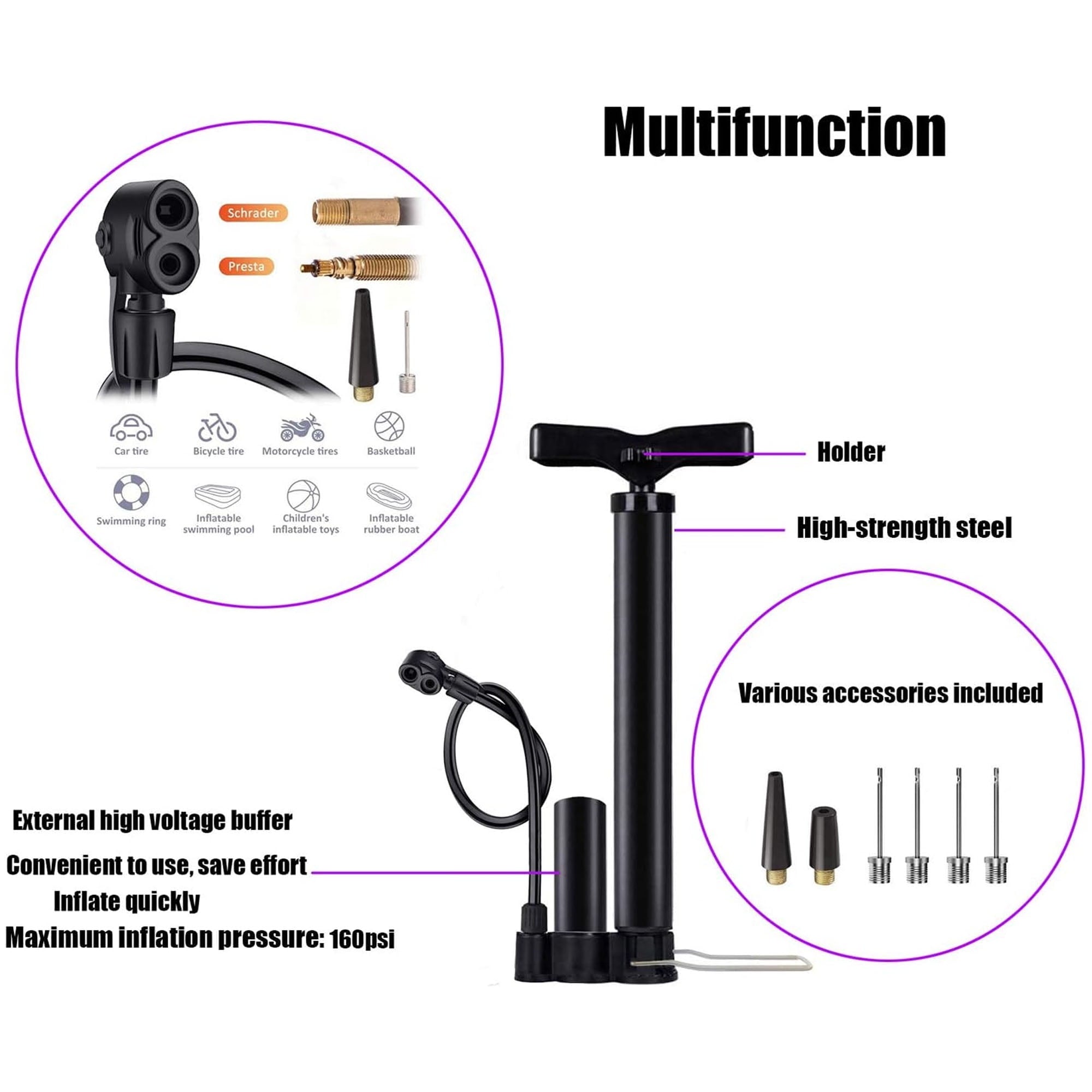 Bike Pump, Air Bicycle Pump Inflator for Presta and Schrader Valve Tire Ball Bike Portable Pumps 160PSI & 11BAR