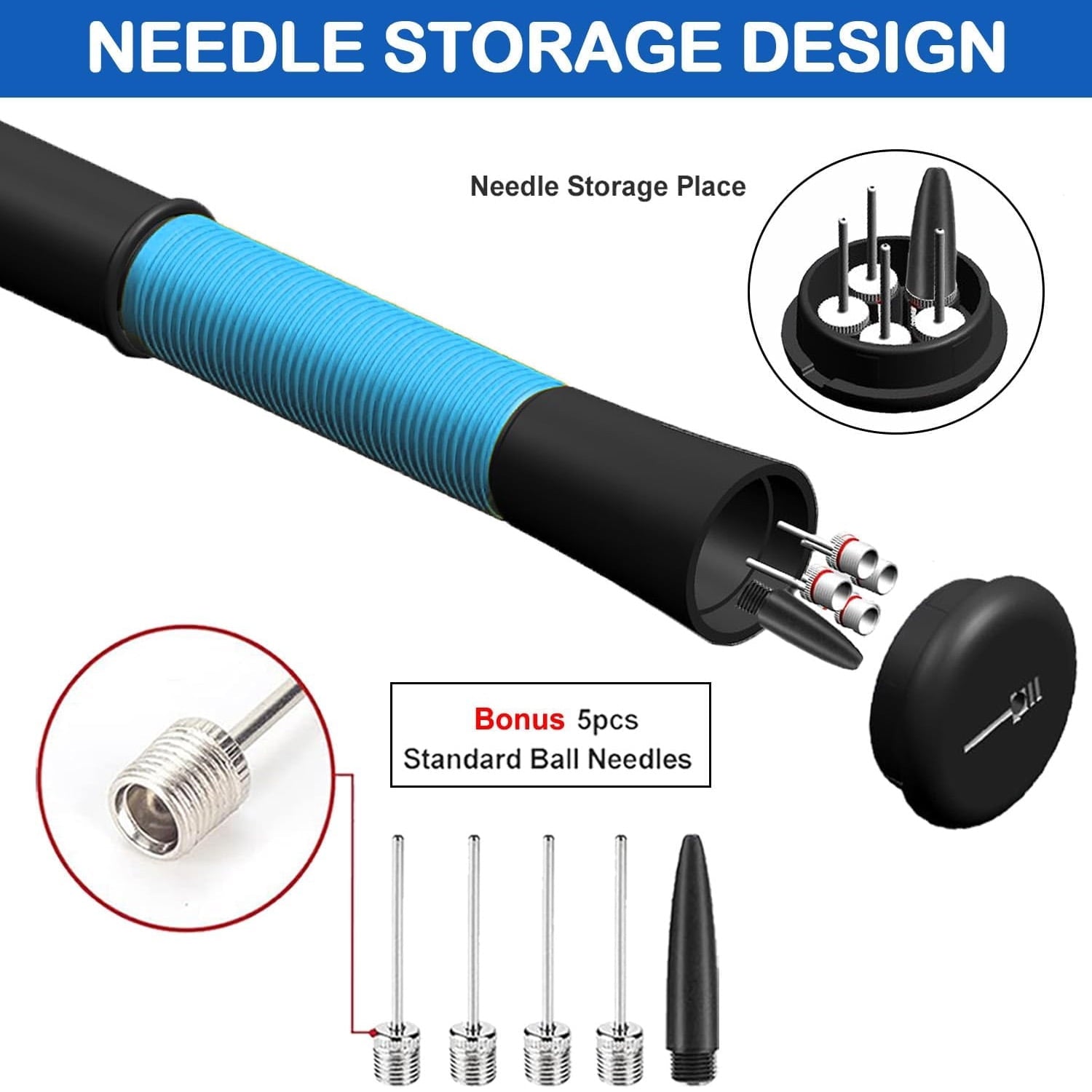 Fenxyo Ball Pump with Needle Storage(Never Lose Pin) Basketball Pump with 5 Needles and Extendable Cable, Soccer Football Pumps Rugby Ball Inflator - Great for All Balls