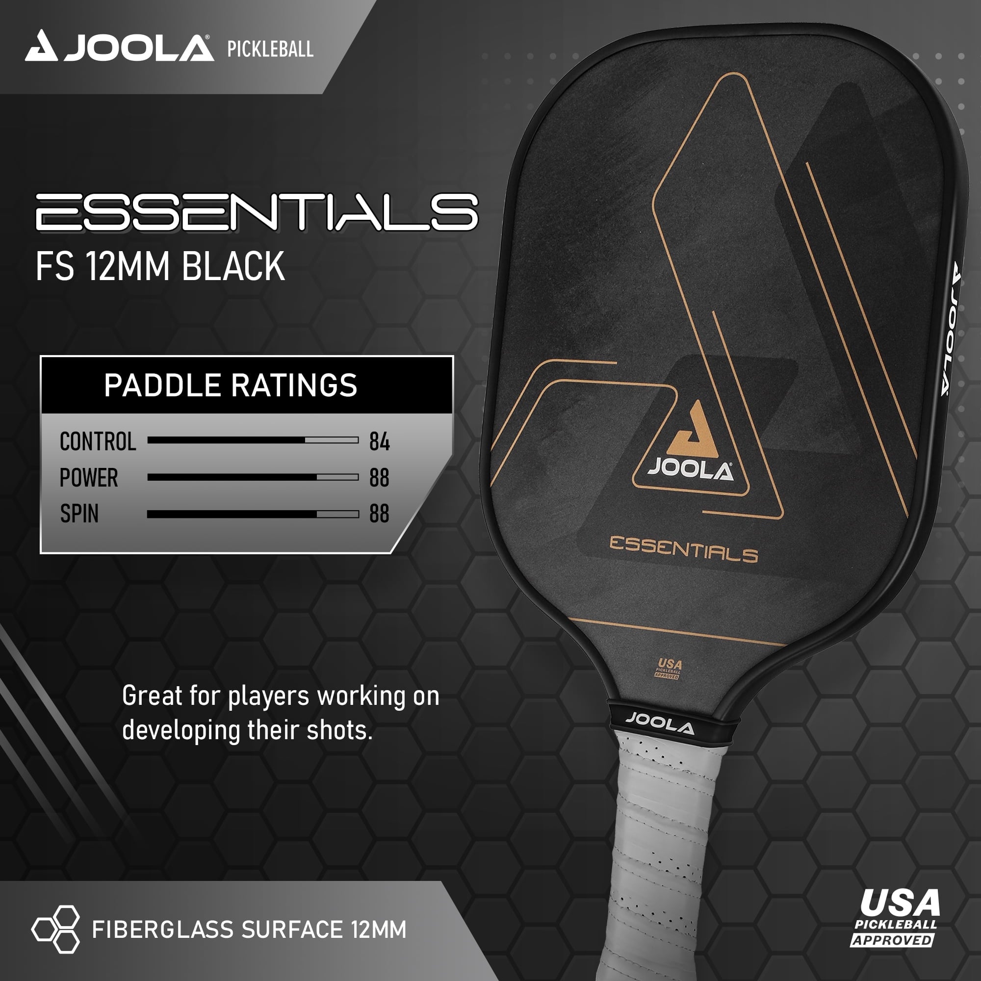 JOOLA Essentials Pickleball Paddle, Fiberglass, USAPA Approved, Black
