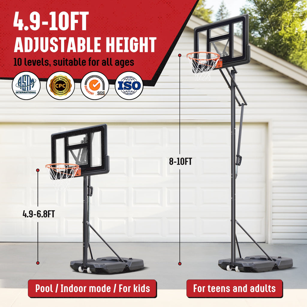 SERAY Basketball Hoop 4.9-10 feet Height Adjustable for Kids, Teens & Adults, 44 inch Backboard and Portable Wheels, Basketball Goal System for Outdoor/Indoor Sports
