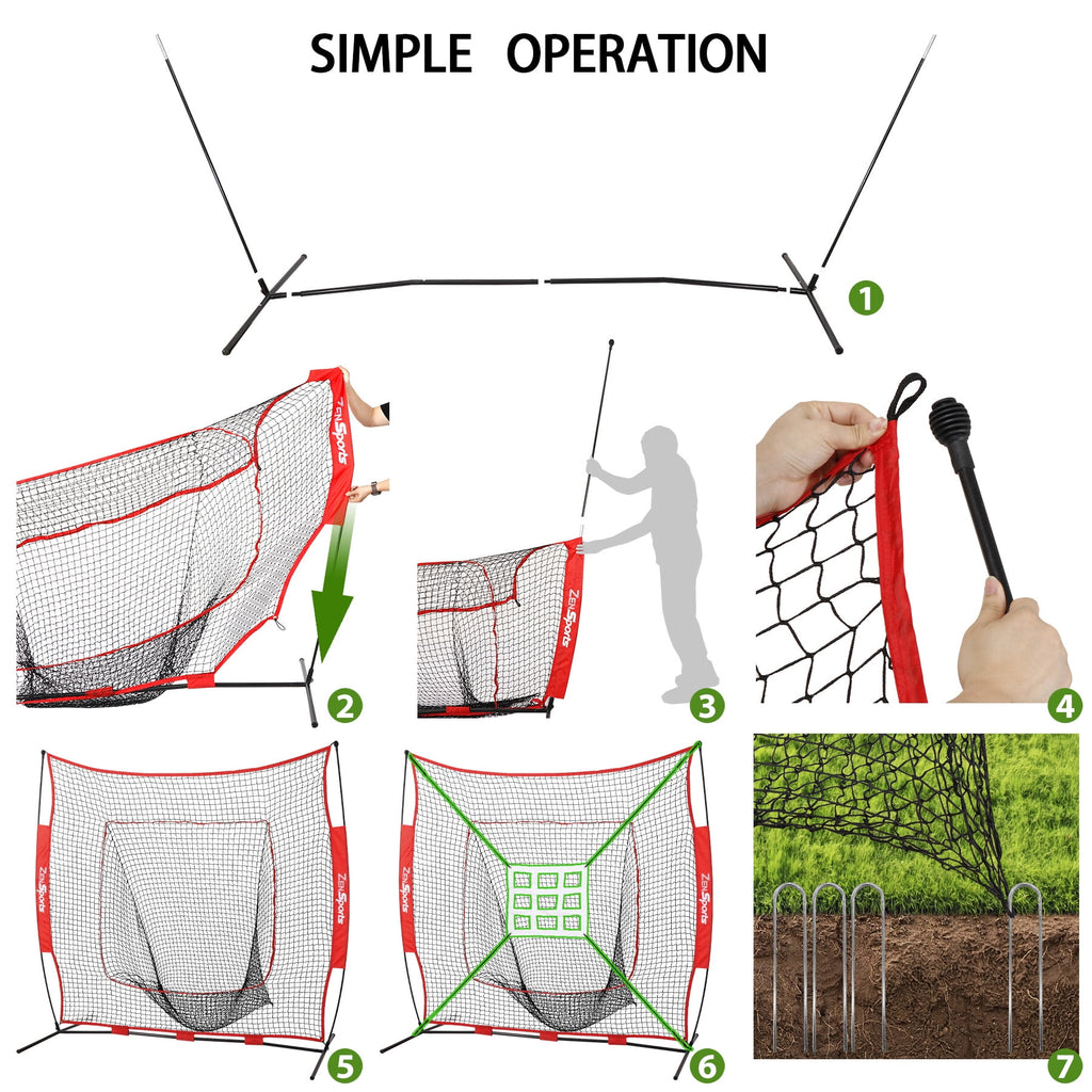 ZenSports 7x7FT Baseball Softball Practice Net Portable Pitching Net W/White Strike Zone Target