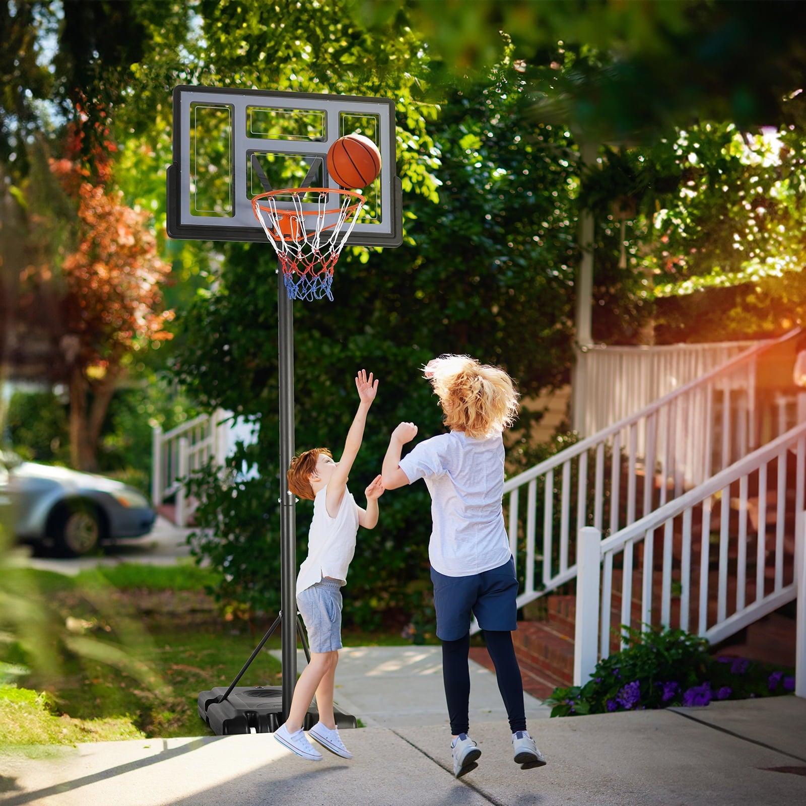 LAZY BUDDY 44in Portable Basketball Hoop Goal Basketball Hoop System Height Adjustable 4.4ft - 10ft,  Indoor Outdoor PVC Backboard