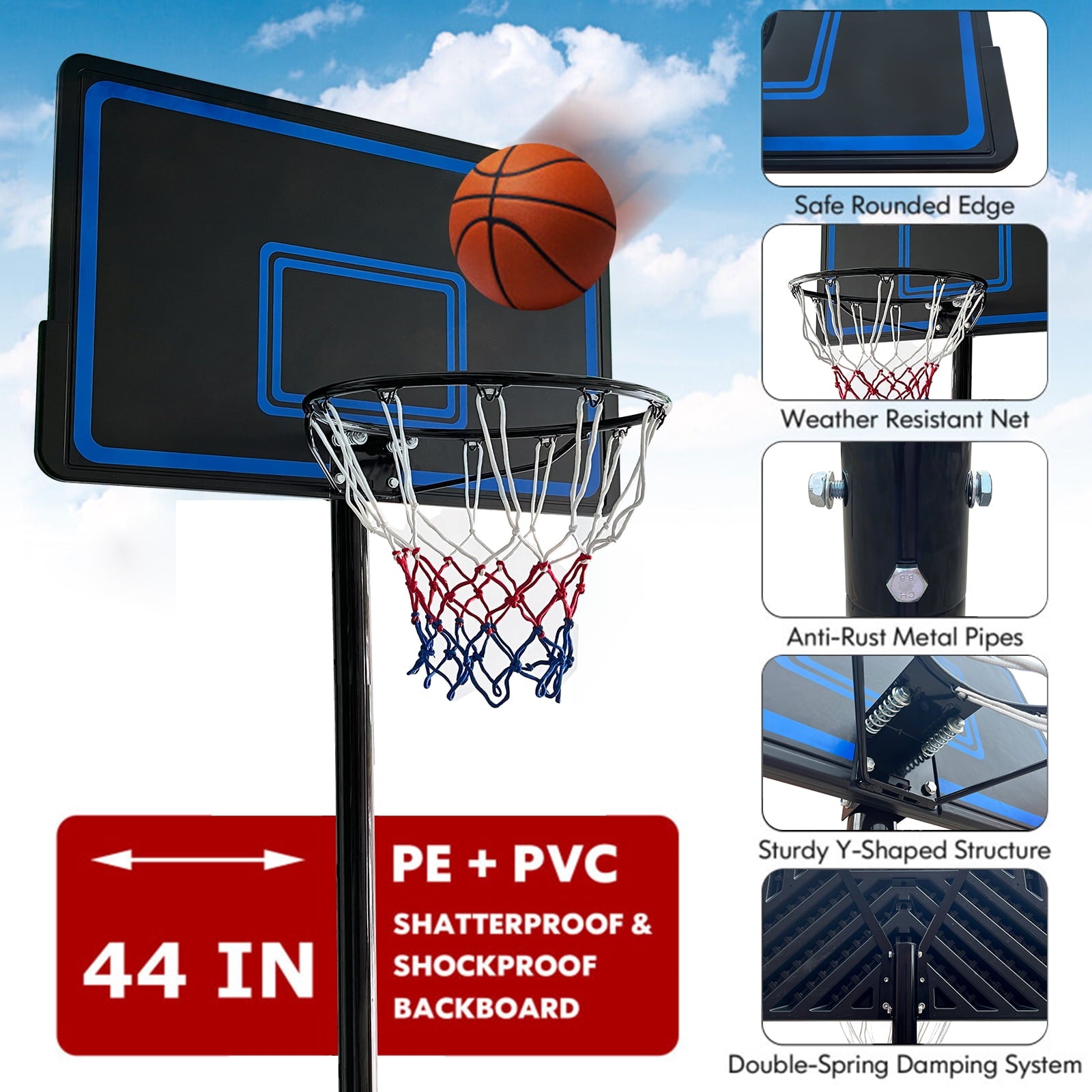 SUGIFT 7.5 ft - 10 ft 44 in Weatherproof Portable Basketball Systems