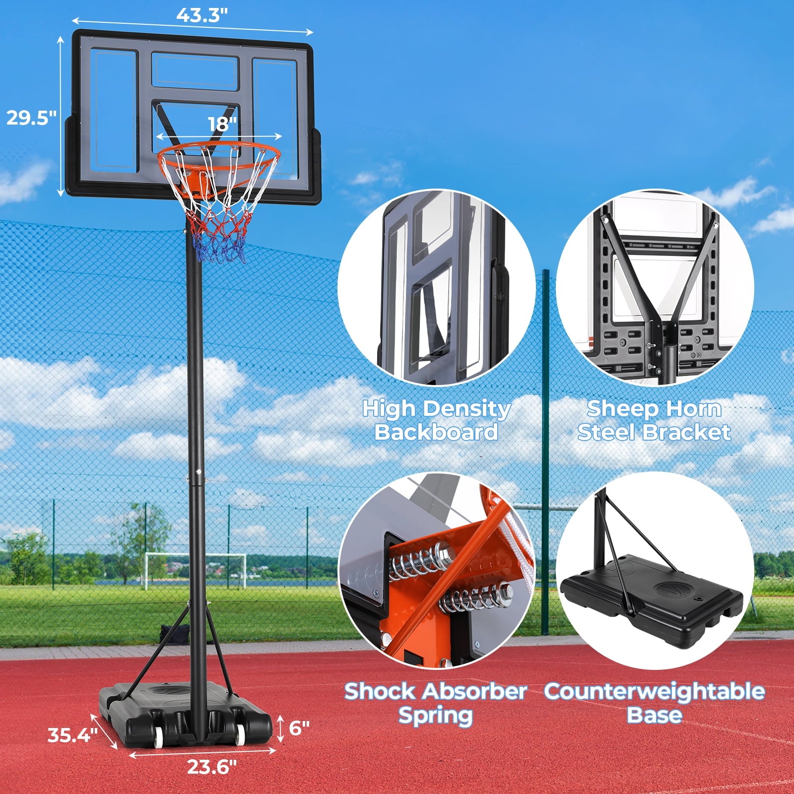 LAZY BUDDY 44in Portable Basketball Hoop Goal Basketball Hoop System Height Adjustable 4.4ft - 10ft,  Indoor Outdoor PVC Backboard