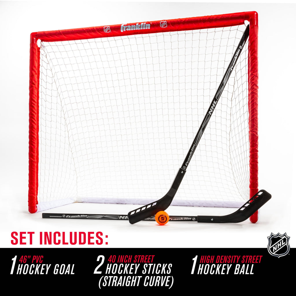 Franklin Sports NHL Youth Street Hockey Set - (2) Kids Junior Hockey Sticks, PVC Goal + Roller Hockey Ball Included - Indoor + Outdoor Net - 46"