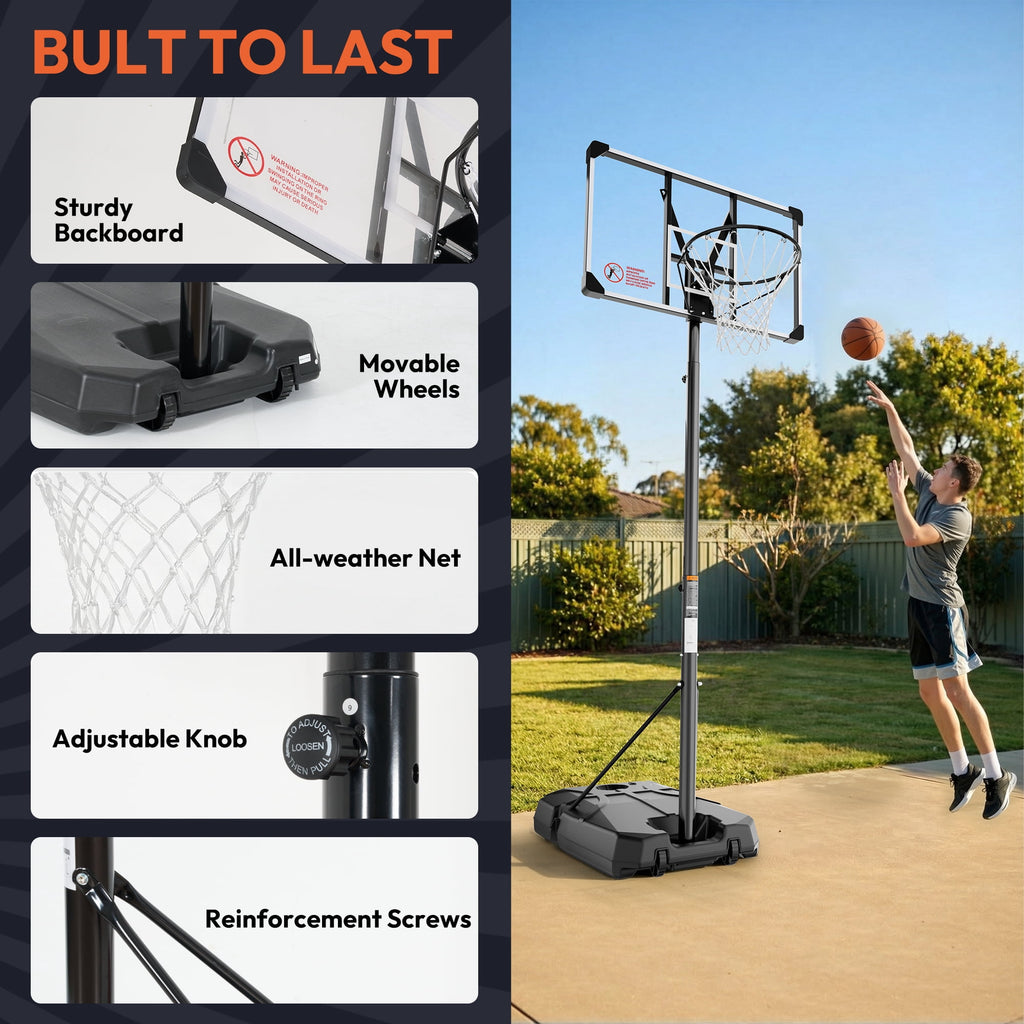 GASKY 44in Portable Basketball Hoop 7.55ft to 10ft Height Adjustable Basketball Goal with Large Backboard Base and Wheels for Youth Adults Outdoor