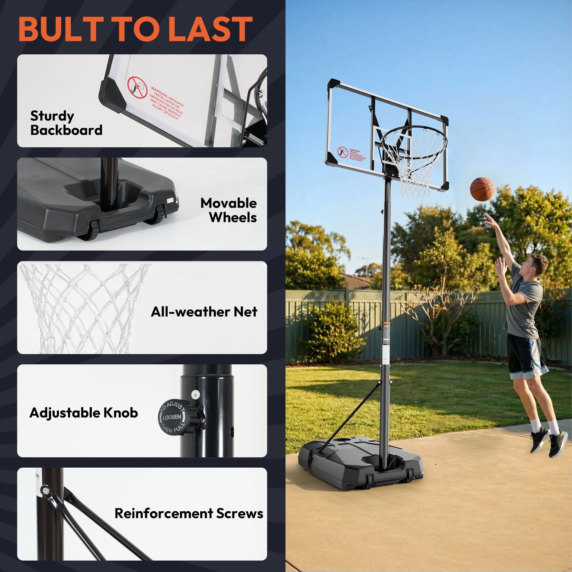GASKY 44in Portable Basketball Hoop 7.55ft to 10ft Height Adjustable Basketball Goal with Large Backboard Base and Wheels for Youth Adults Outdoor
