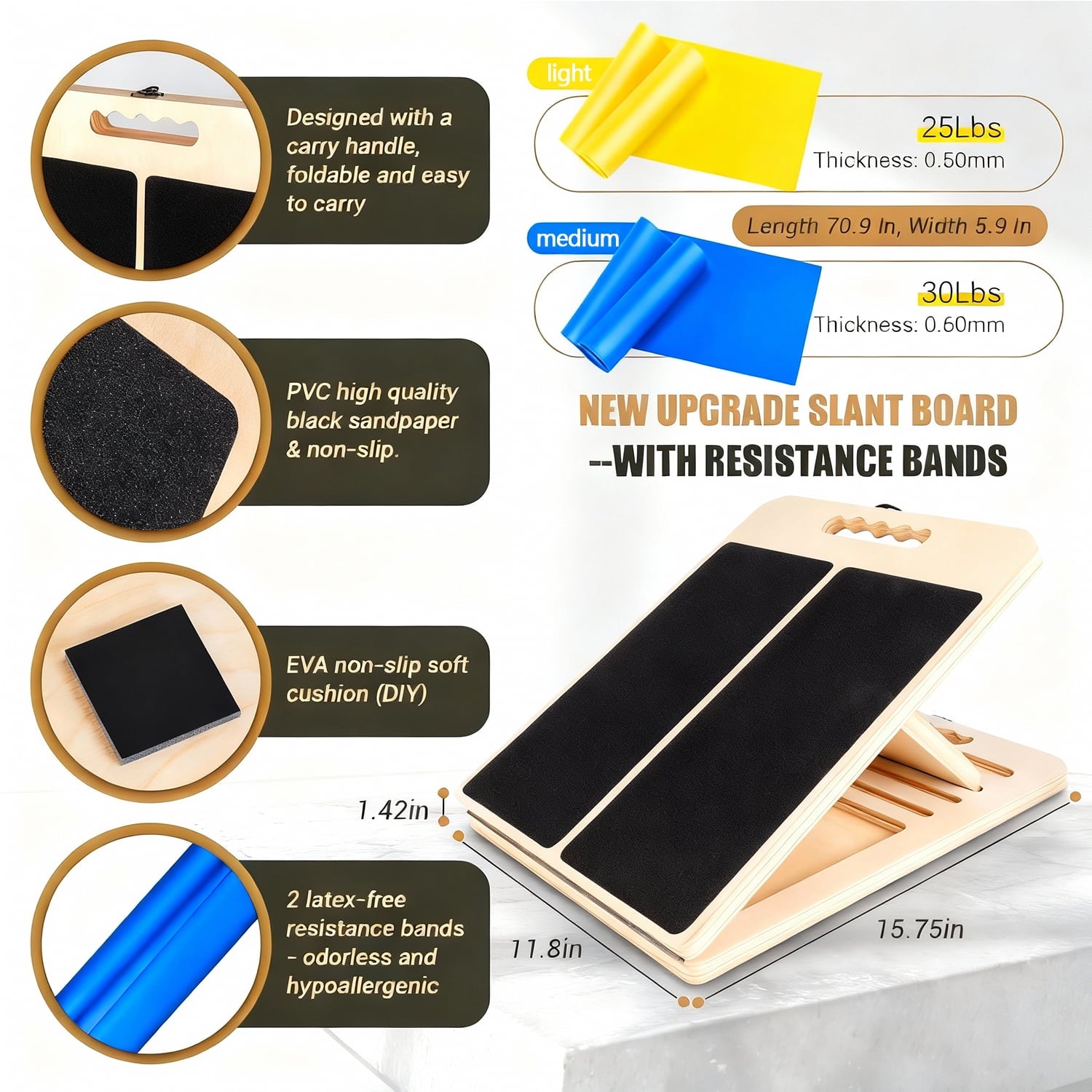 PIERCINGFUN 15.5Inch Adjustable Wood Slant Board for Calf Stretching, Comes with Yellow/Blue Resistance Bands