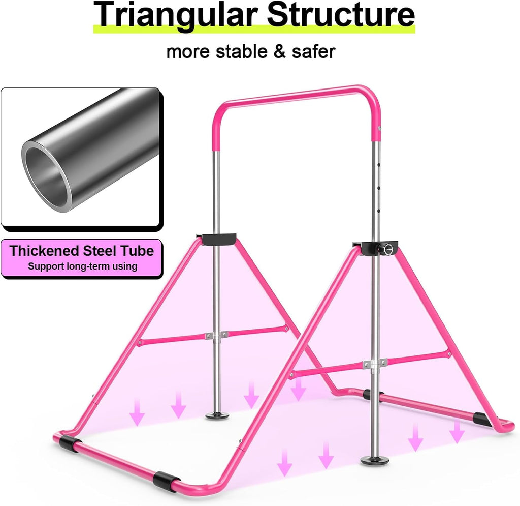 Safly Fun Gymnastics Bar with Mat for Kids, Height Adjustable Junior Training Bar Mat for Home, Folding Gymnastic Horizontal Bars Equipment (Pink+Mat)