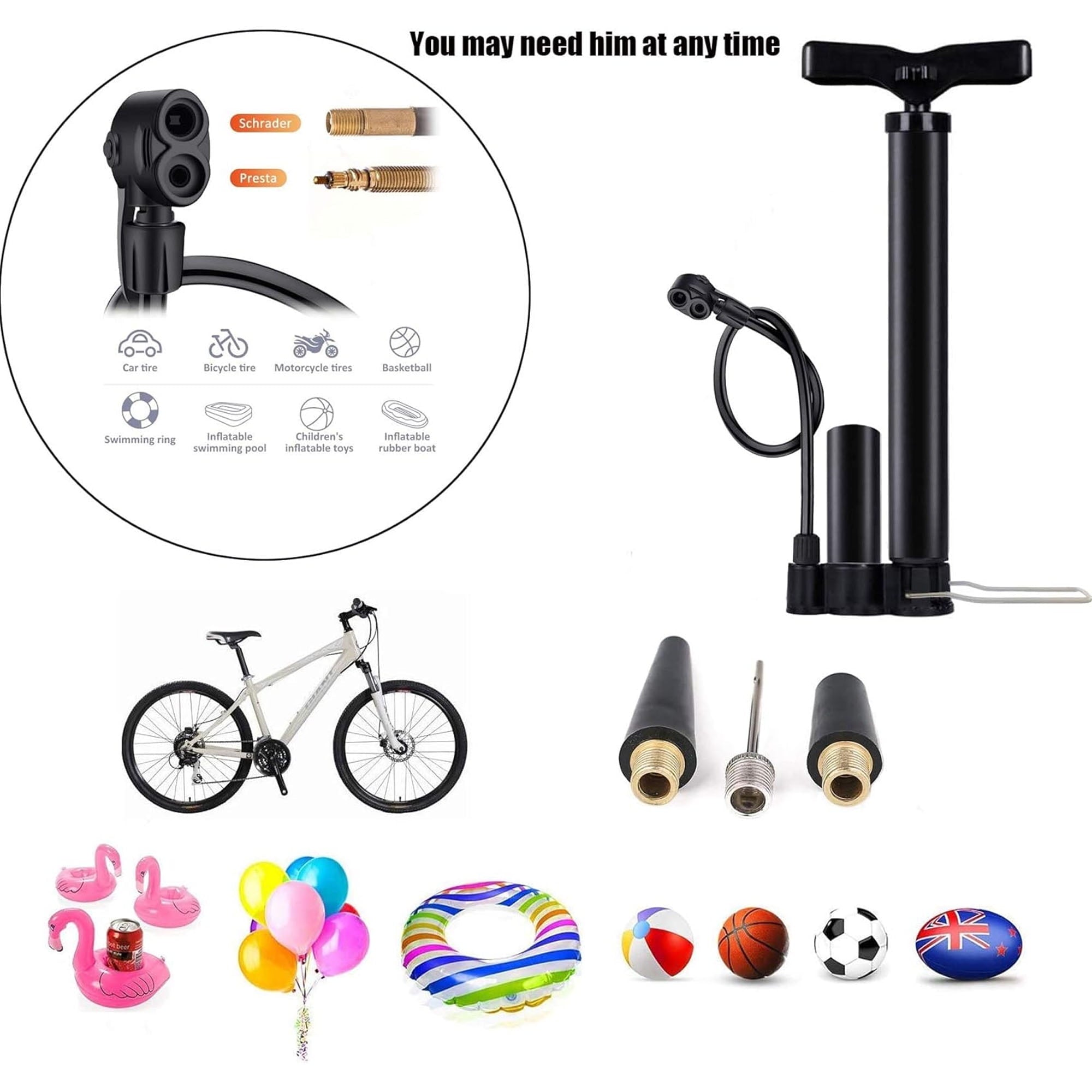 Bike Pump, Air Bicycle Pump Inflator for Presta and Schrader Valve Tire Ball Bike Portable Pumps 160PSI & 11BAR