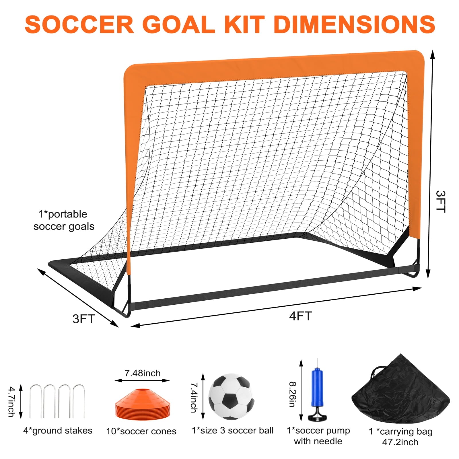 4 x 3FT Kid Soccer Goals for Backyard, Portable Pop Up Soccer Goal Training Equipment with Soccer Ball and 10 Cones,Indoor and Outdoor Soccer Nets for Kids Youth Toddler Sports Games