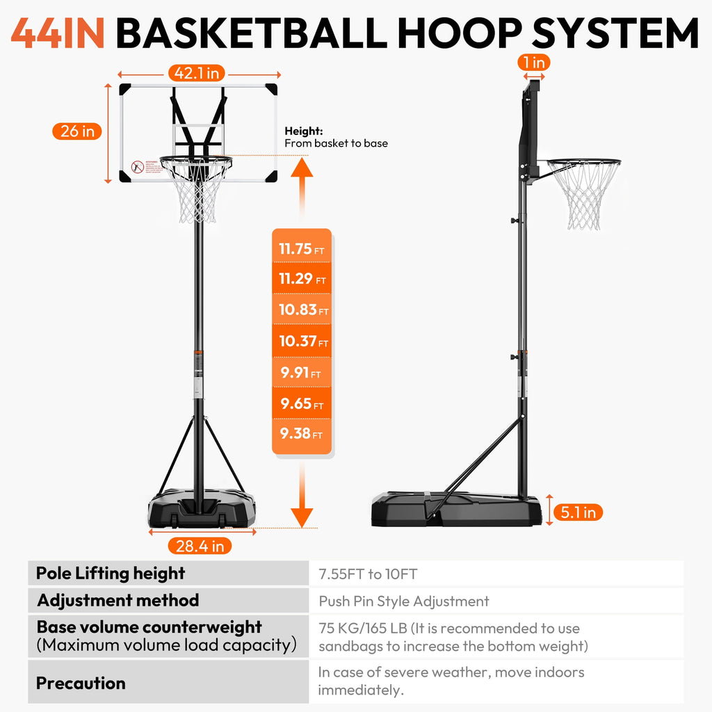 GASKY 44in Portable Basketball Hoop 7.55ft to 10ft Height Adjustable Basketball Goal with Large Backboard Base and Wheels for Youth Adults Outdoor