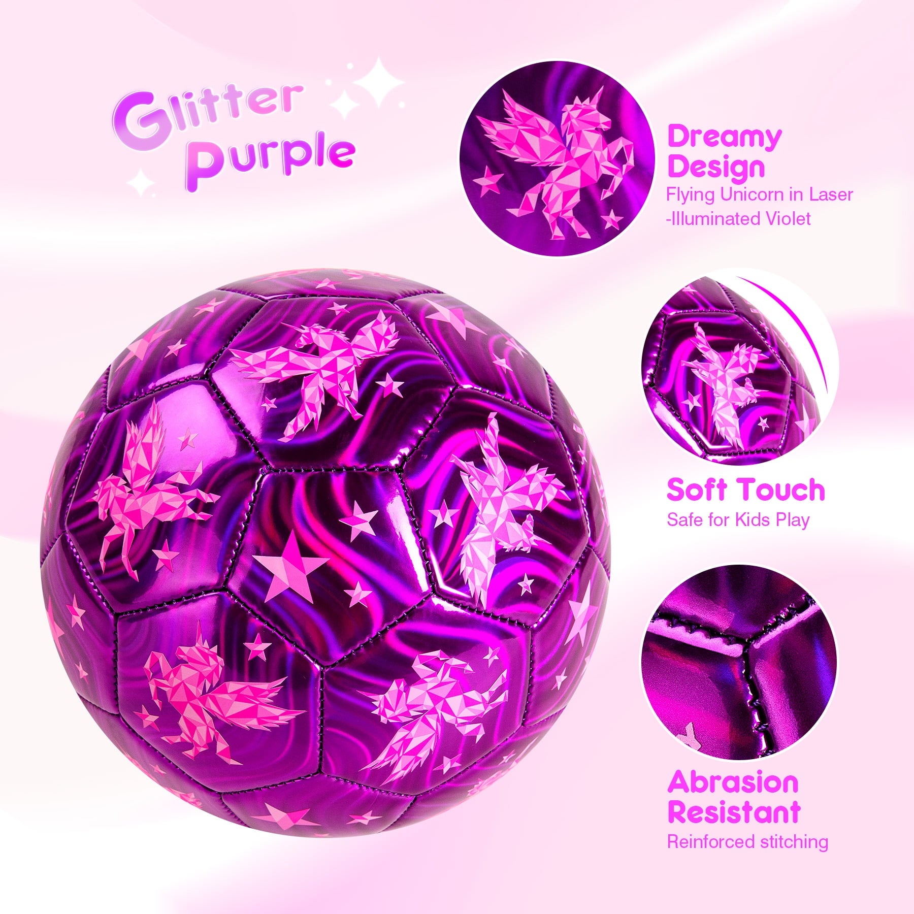 PLAYZAP Size 3 Soccer Ball with Pump, Toddler Soccer Ball for Kids 3-8 Years Old - Indoor Outdoor Sports Ball Toys Girls Boys - Purple Unicorn