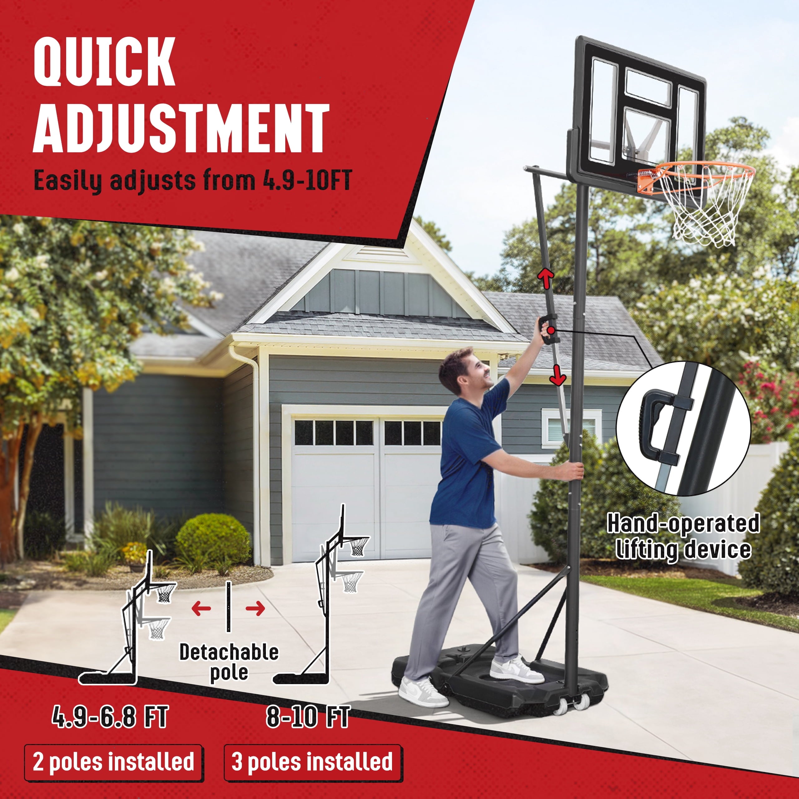 SERAY Basketball Hoop 4.9-10 feet Height Adjustable for Kids, Teens & Adults, 44 inch Backboard and Portable Wheels, Basketball Goal System for Outdoor/Indoor Sports