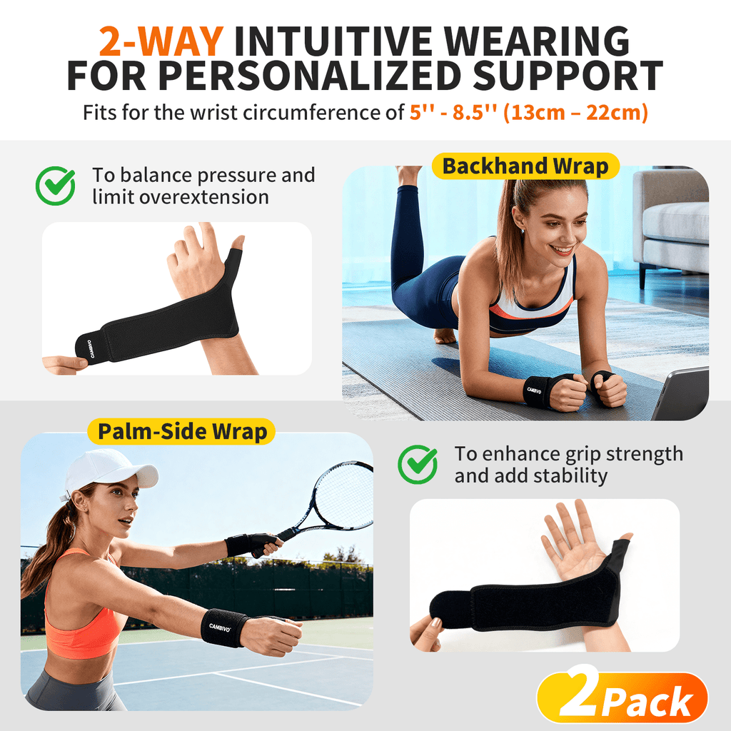 CAMBIVO Wrist Brace, Stabilizing Adjustable Wrist Support, All-day Wear One Size Fits Most Black 2 Pack