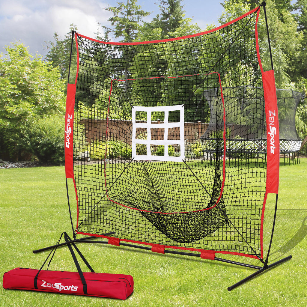 ZenSports 7x7FT Baseball Softball Practice Net Portable Pitching Net W/White Strike Zone Target