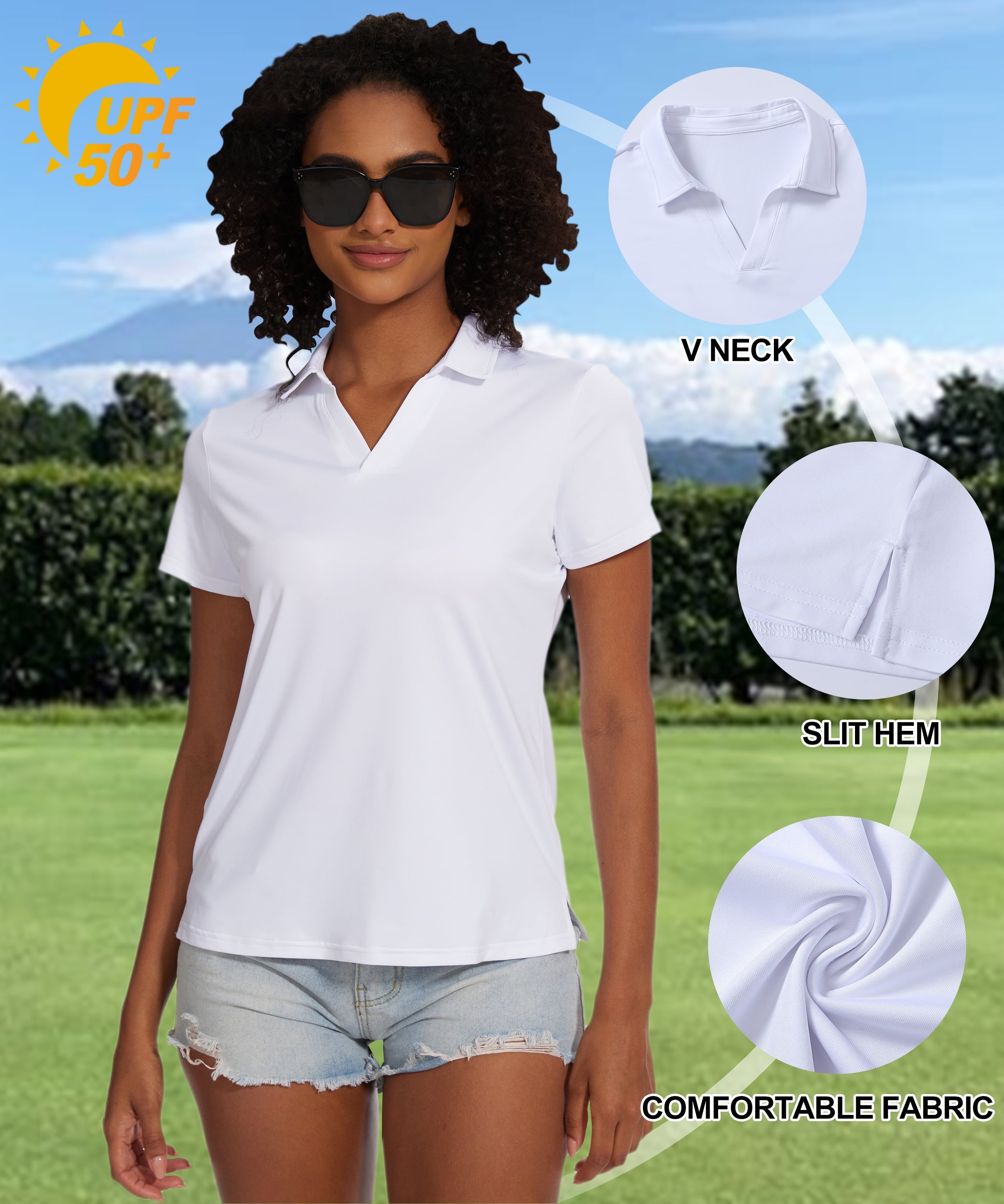 Tyhengta Women's Golf Polo Shirts Collared V Neck Short Sleeve UPF 50+ Quick Dry Tennis Shirt Dry Fit Moisture Wicking White L