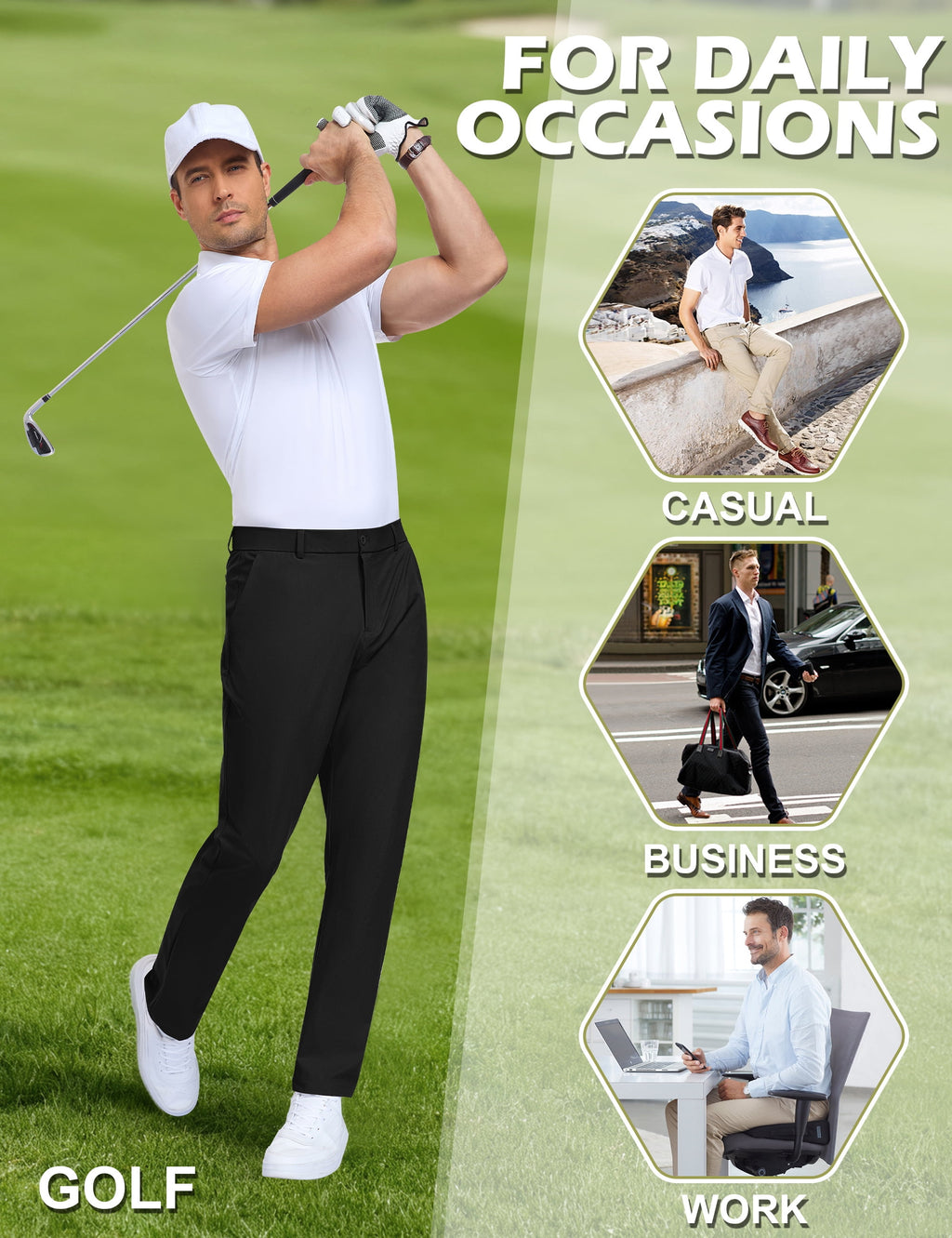 Lavenicole Mens Golf Pants Stretch Casual Dress Pants Elastic Waist Button Closure Lightweight with 4 Pockets Black
