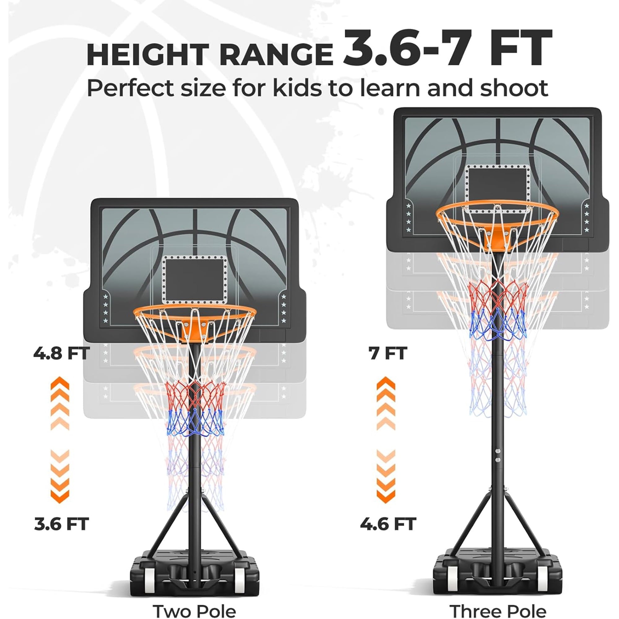 Toremore 30" Portable Kid Basketball Hoop Outdoor, 3.6-7 FT Height Adjustable Basketball Hoop Outdoor Indoor for Kids, Teens, Youth