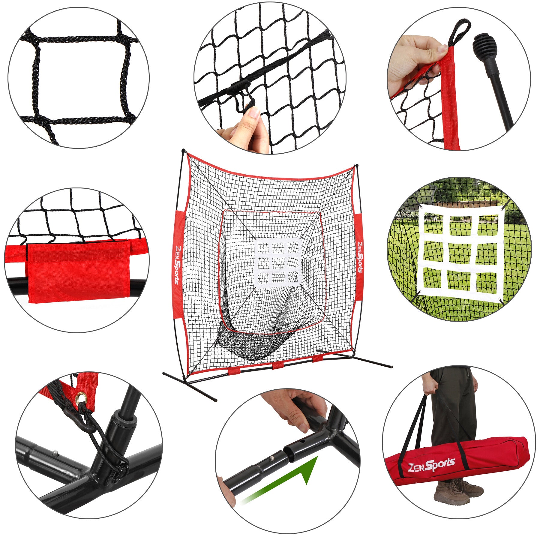 ZenSports 7x7FT Baseball Softball Practice Net Portable Pitching Net W/White Strike Zone Target