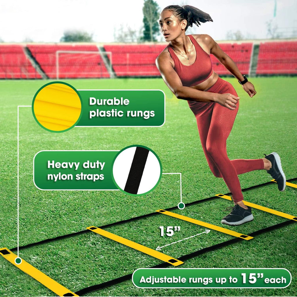 Speed Agility Training Kit-Includes 12 Rung 20ft Adjustable Agility Ladder with Carrying Bag, 12 Disc Cones, 4 Steel Stakes, 1 Resistance Parachute,Footwork Skills Drill Gear for Football and Soccer