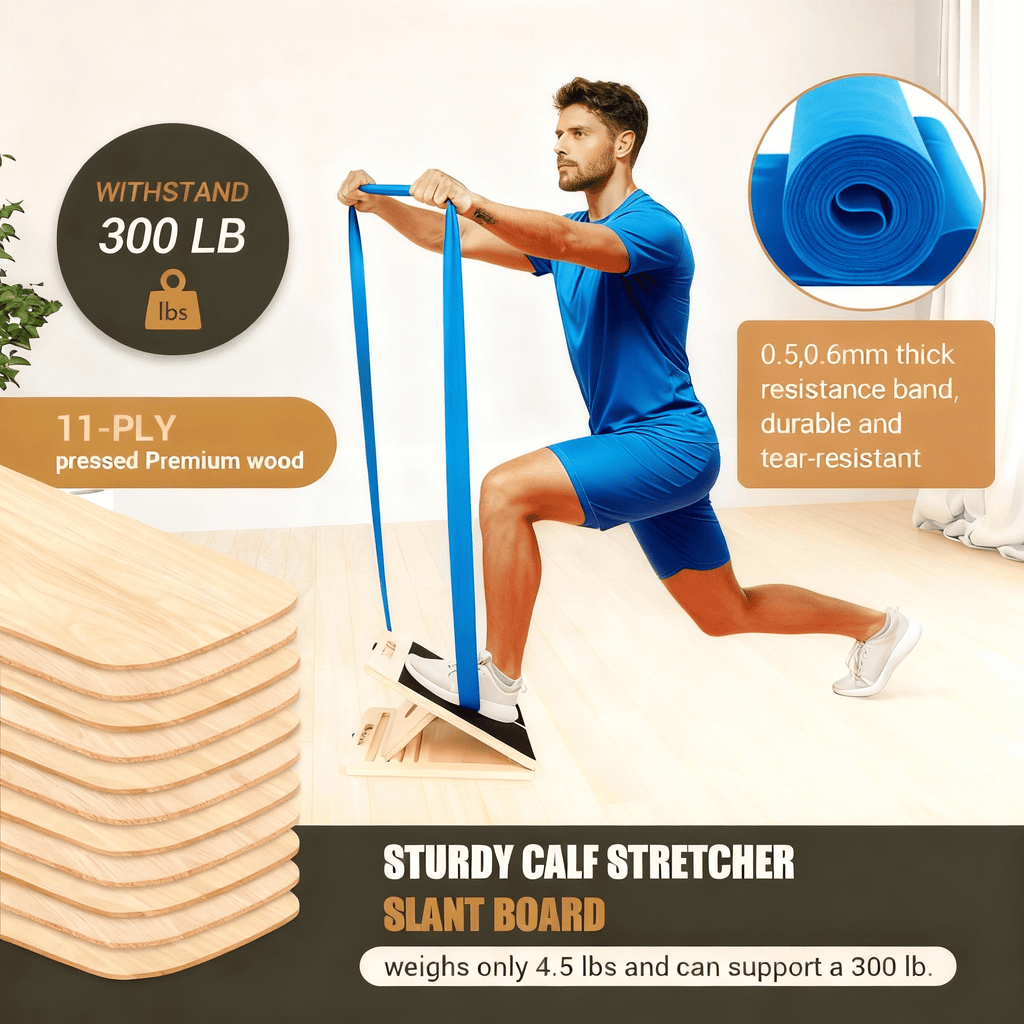 PIERCINGFUN 15.5Inch Adjustable Wood Slant Board for Calf Stretching, Comes with Yellow/Blue Resistance Bands