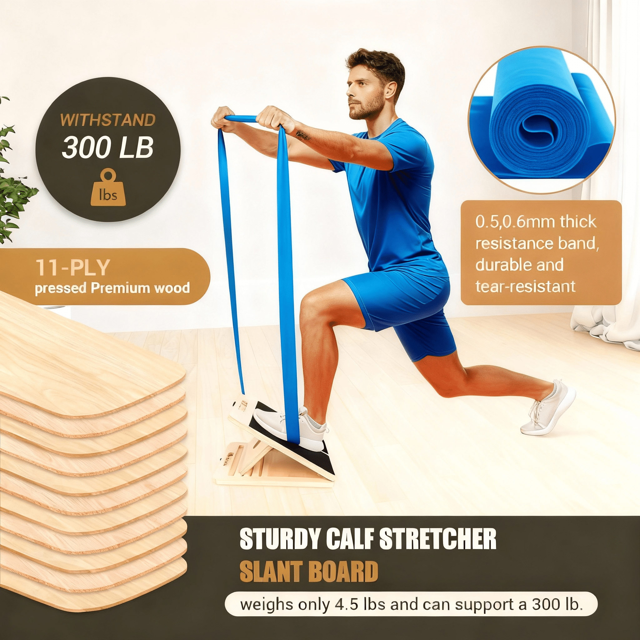 PIERCINGFUN 15.5Inch Adjustable Wood Slant Board for Calf Stretching, Comes with Yellow/Blue Resistance Bands