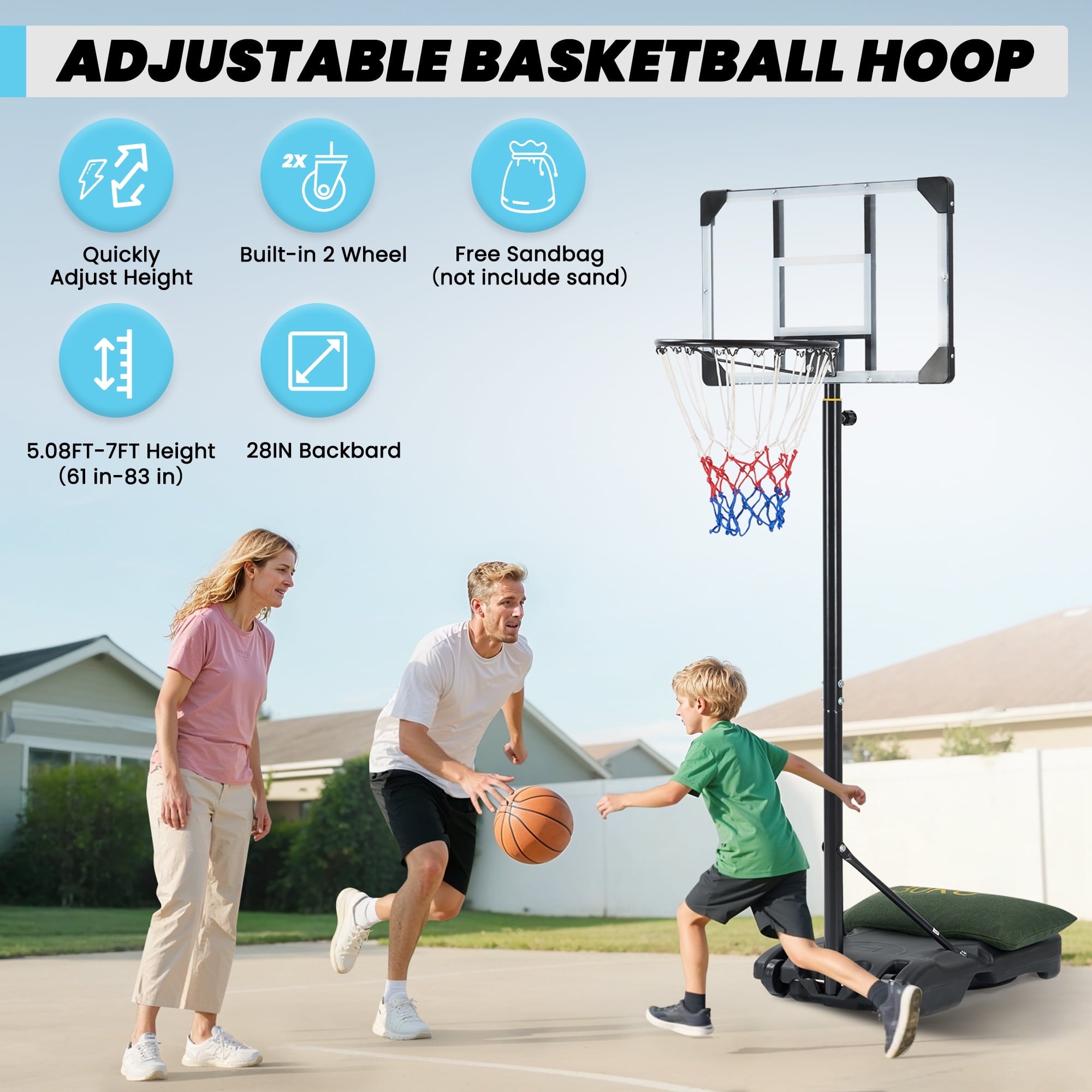Naipo 28in Basketball Hoop Basketball Goal System Height Adjustable 5.1ft to 7ft Court for All Age Ranges Indoor Outdoor Use