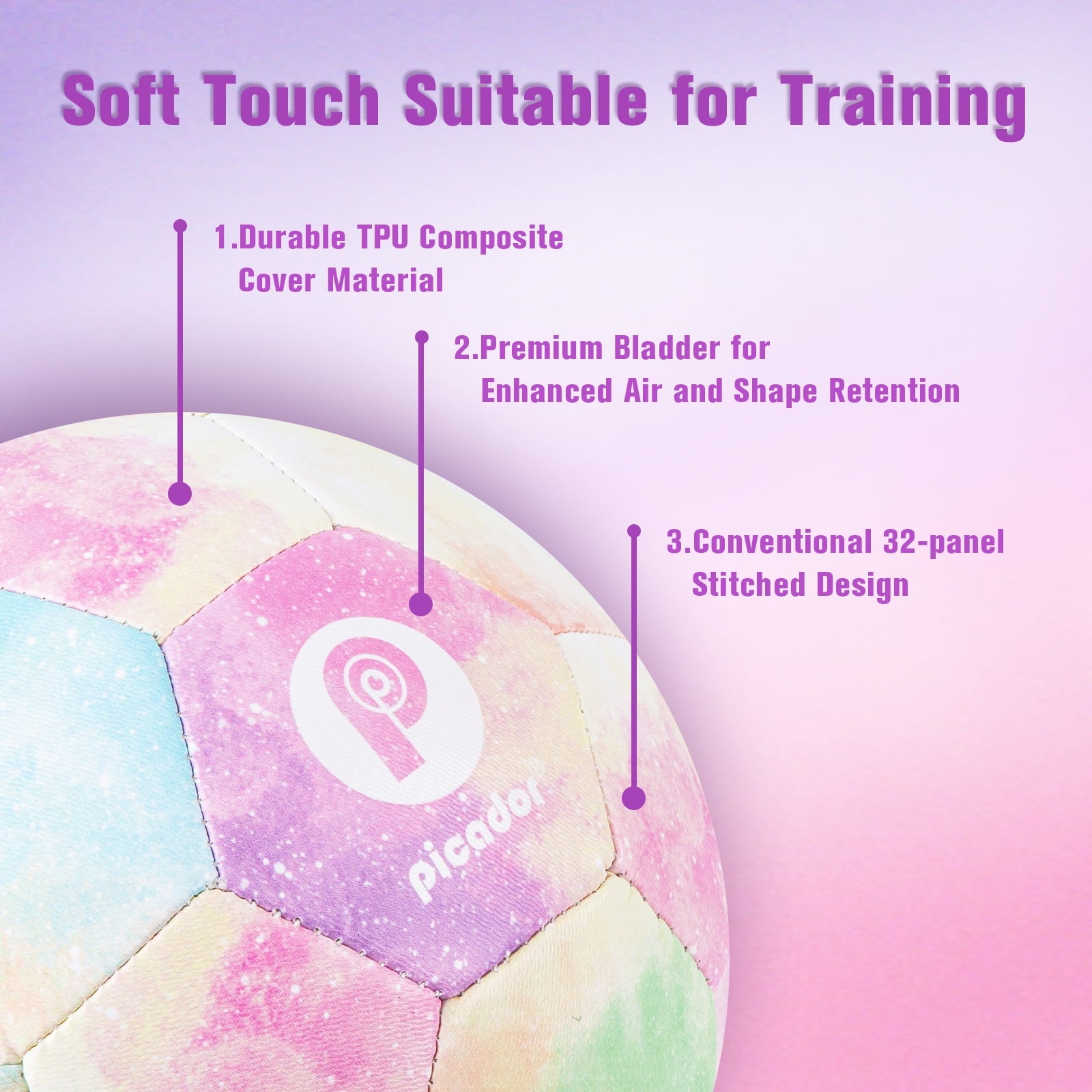 PP PICADOR Soccer Ball Size 4, Colorful Rainbow Kids Soccer Ball with Pump