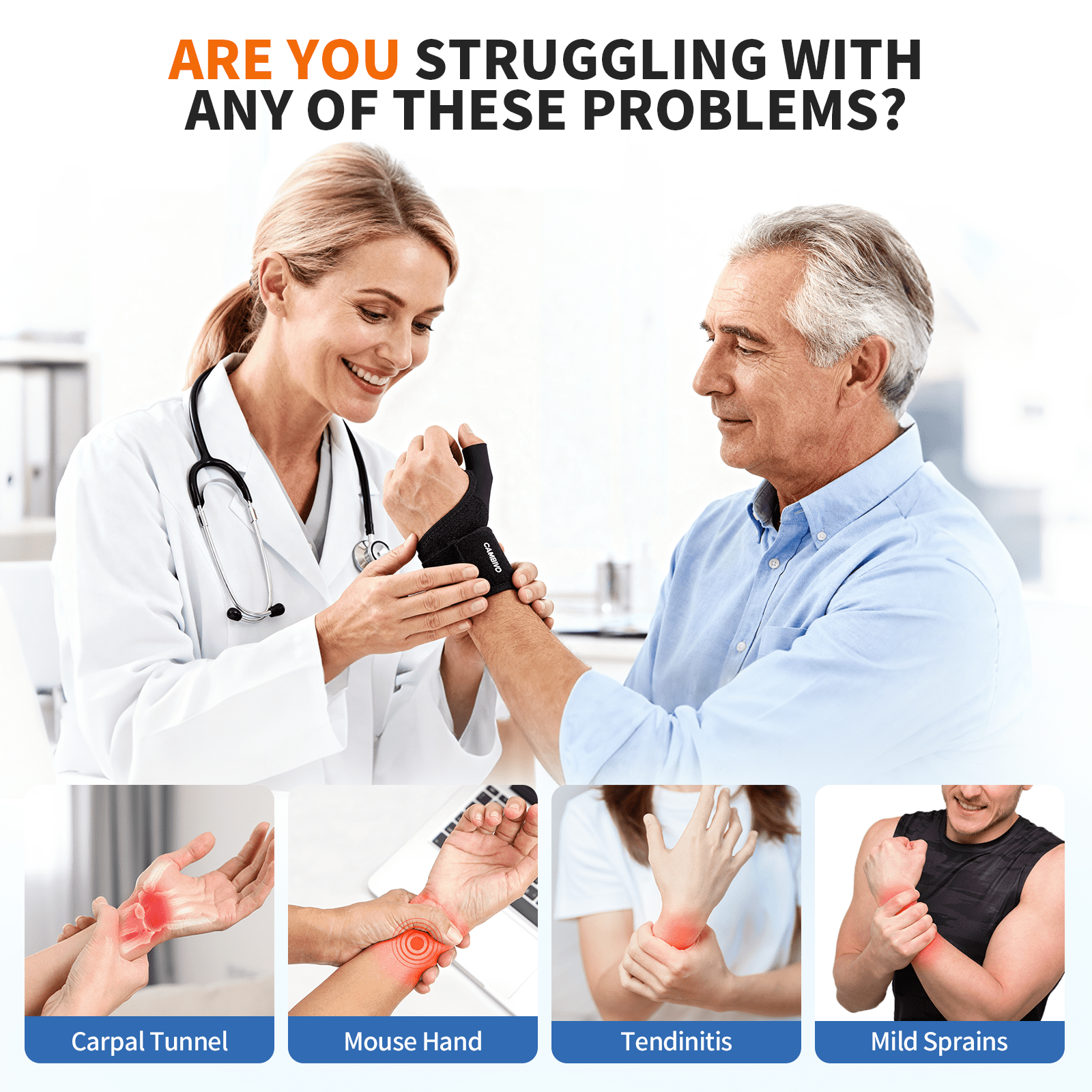 CAMBIVO Wrist Brace, Stabilizing Adjustable Wrist Support, All-day Wear One Size Fits Most Black 2 Pack