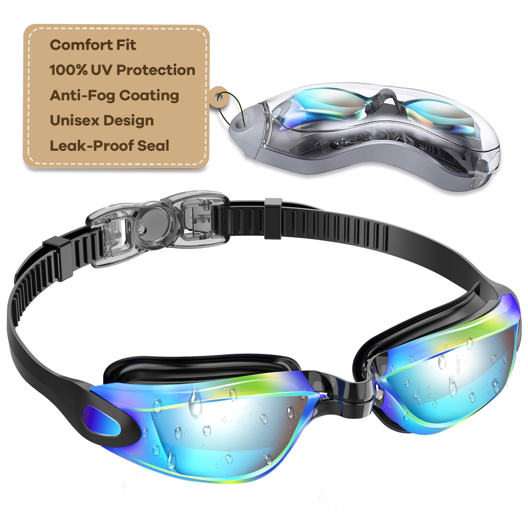 Adult Swim Goggles for Unisex Men, Women & Youth – Anti-Fog, Leak-Proof, UV Protection, Wide View Swimming Goggles, Ideal for Pool & Open Water Swimming - Mirrored Version