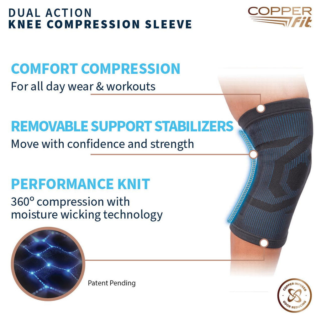 Copper Fit Dual Action Knee Support Compression Sleeve: Stability, Arthritis & Tendinitis (Black S/M)
