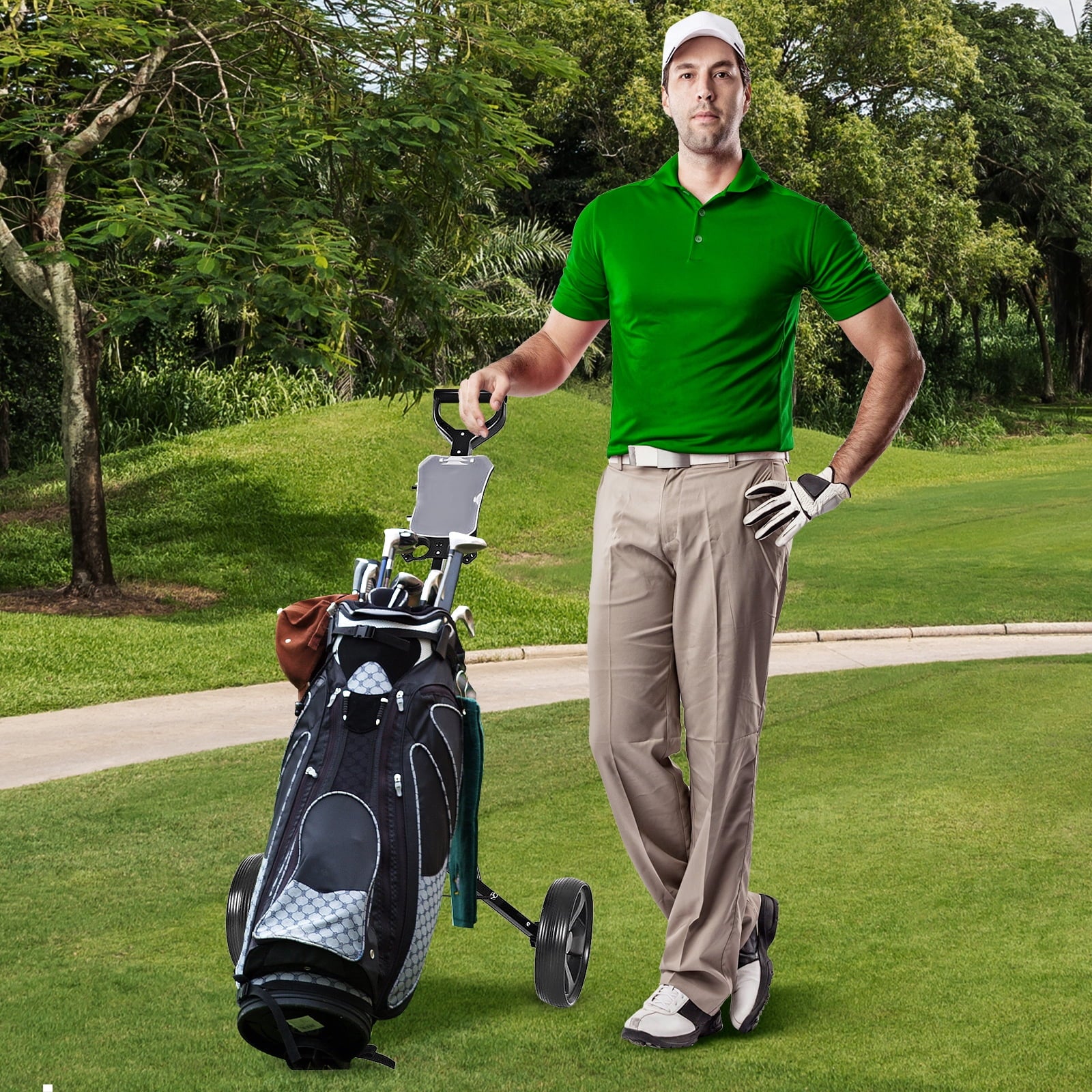 Costway 2 Wheel Golf Push Cart Foldable Portable Lightweight Golf Trolley with Scorecard Holder