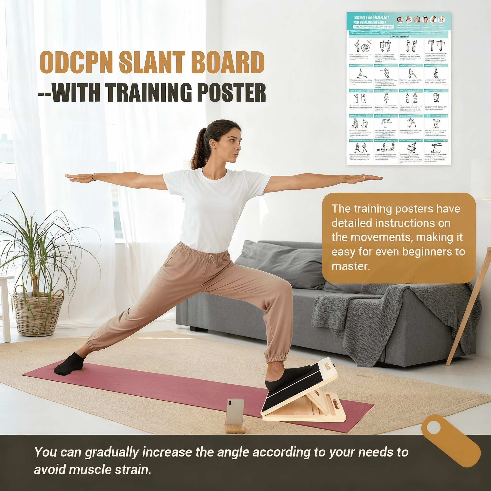 PIERCINGFUN 15.5Inch Adjustable Wood Slant Board for Calf Stretching, Comes with Yellow/Blue Resistance Bands