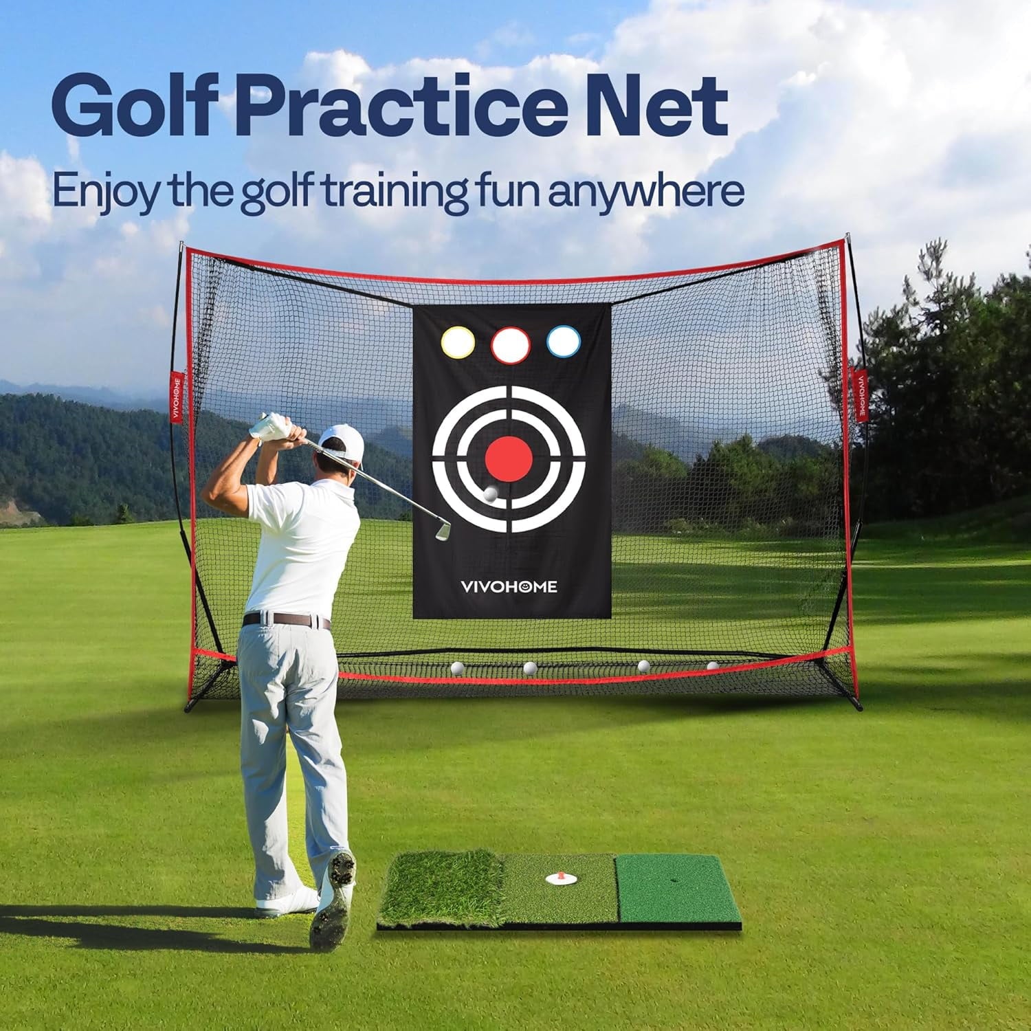SPECSTAR 10 x 7ft Golf Net for Hitting, Chipping, Driving Training, Heavy Duty Golf Practice Net for Indoor, Backyard, Garage, with Golf Mat, Target Cloth, 8 Golf Tees, 6 Golf Balls, Carry Bag