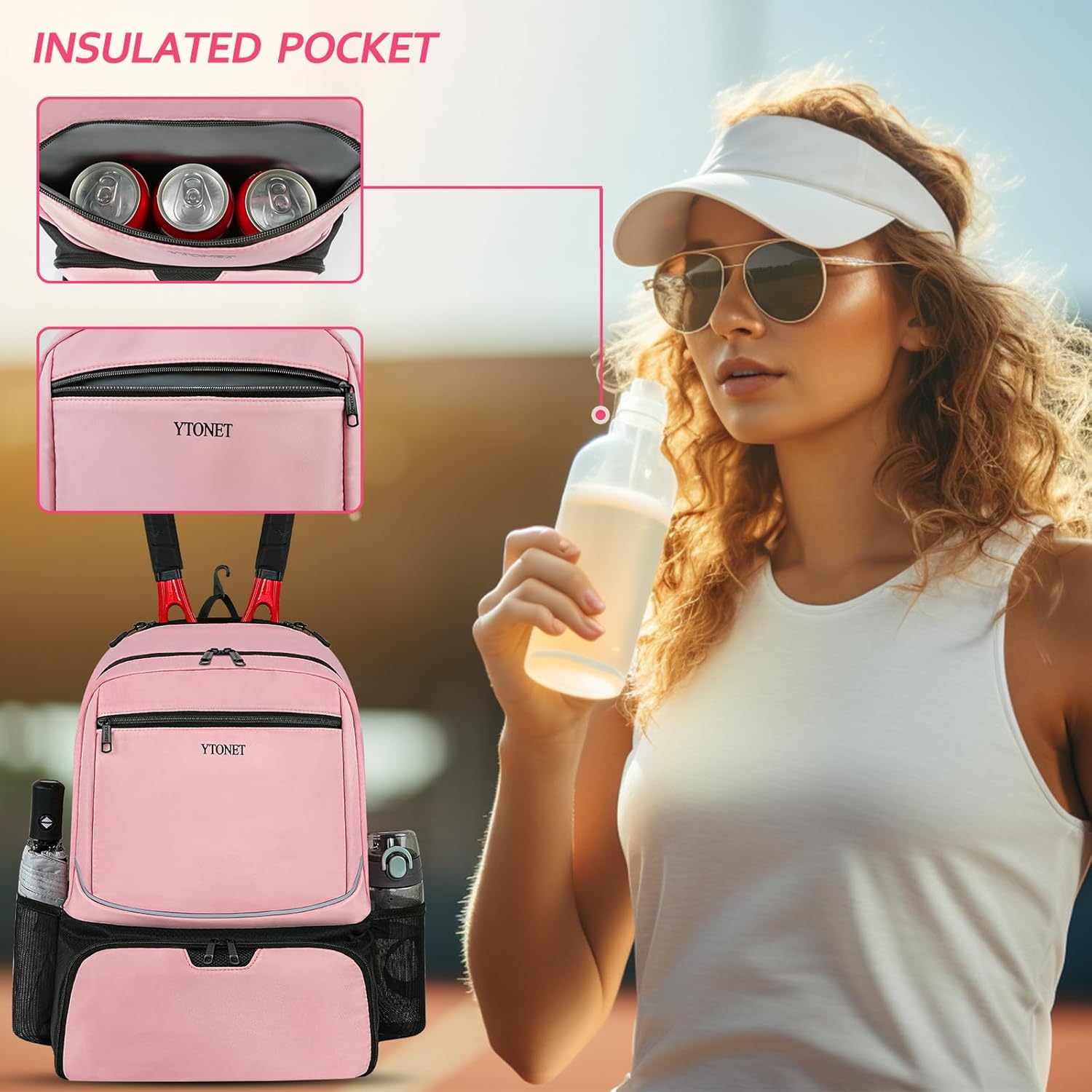 Ytonet Tennis Backpack Pickleball Bag with Insulated Pocket and Shoe Compartment for Women, Pink