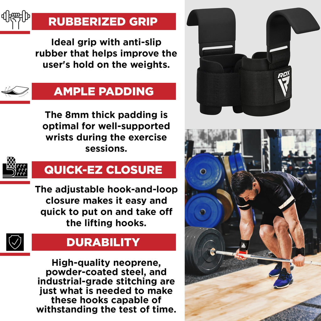 RDX Weight Lifting Hooks Straps Pair, Non-Slip Rubber Coated Grip, 7mm Neoprene Padded Wrist Support Powerlifting Deadlift Pull Up Fitness Strength Training Wrap, Gym Bodybuilding, Workout