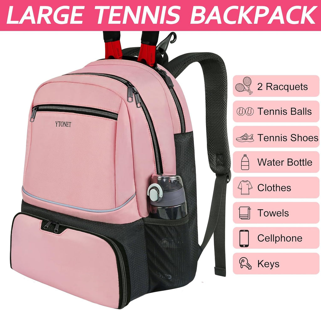 Ytonet Tennis Backpack Pickleball Bag with Insulated Pocket and Shoe Compartment for Women, Pink