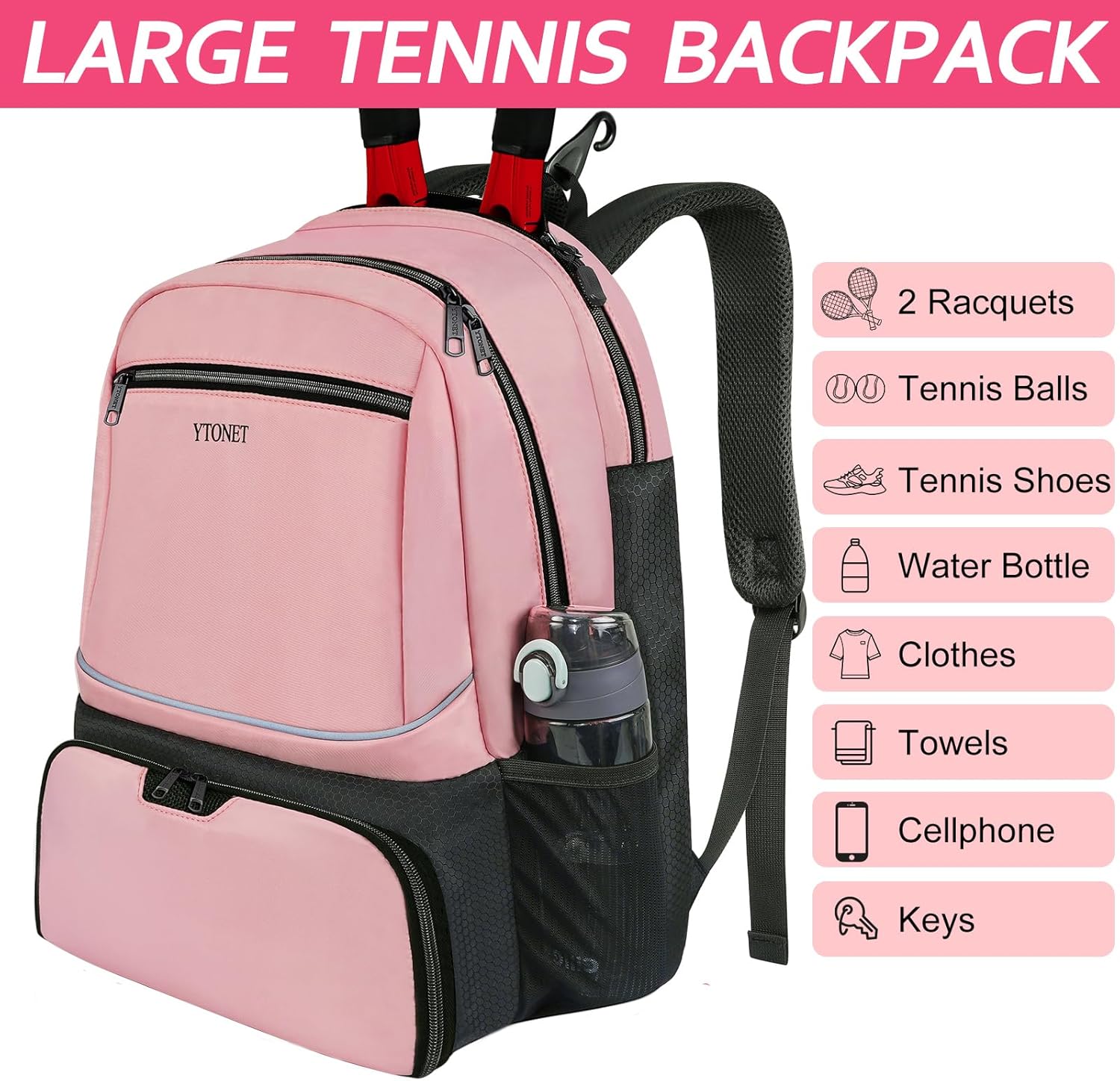 Ytonet Tennis Backpack Pickleball Bag with Insulated Pocket and Shoe Compartment for Women, Pink