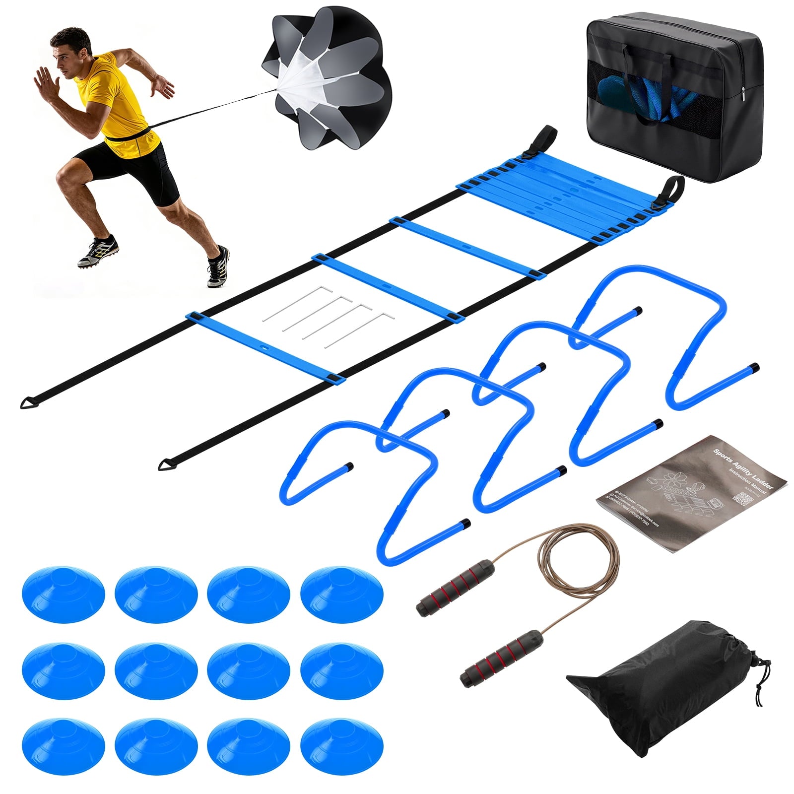 CONCETTA Agility Ladder Training Set with Speed Parachute, Hurdles, Cones, Jump Rope, Athletic Speed & Coordination Workouts Equipment, Blue