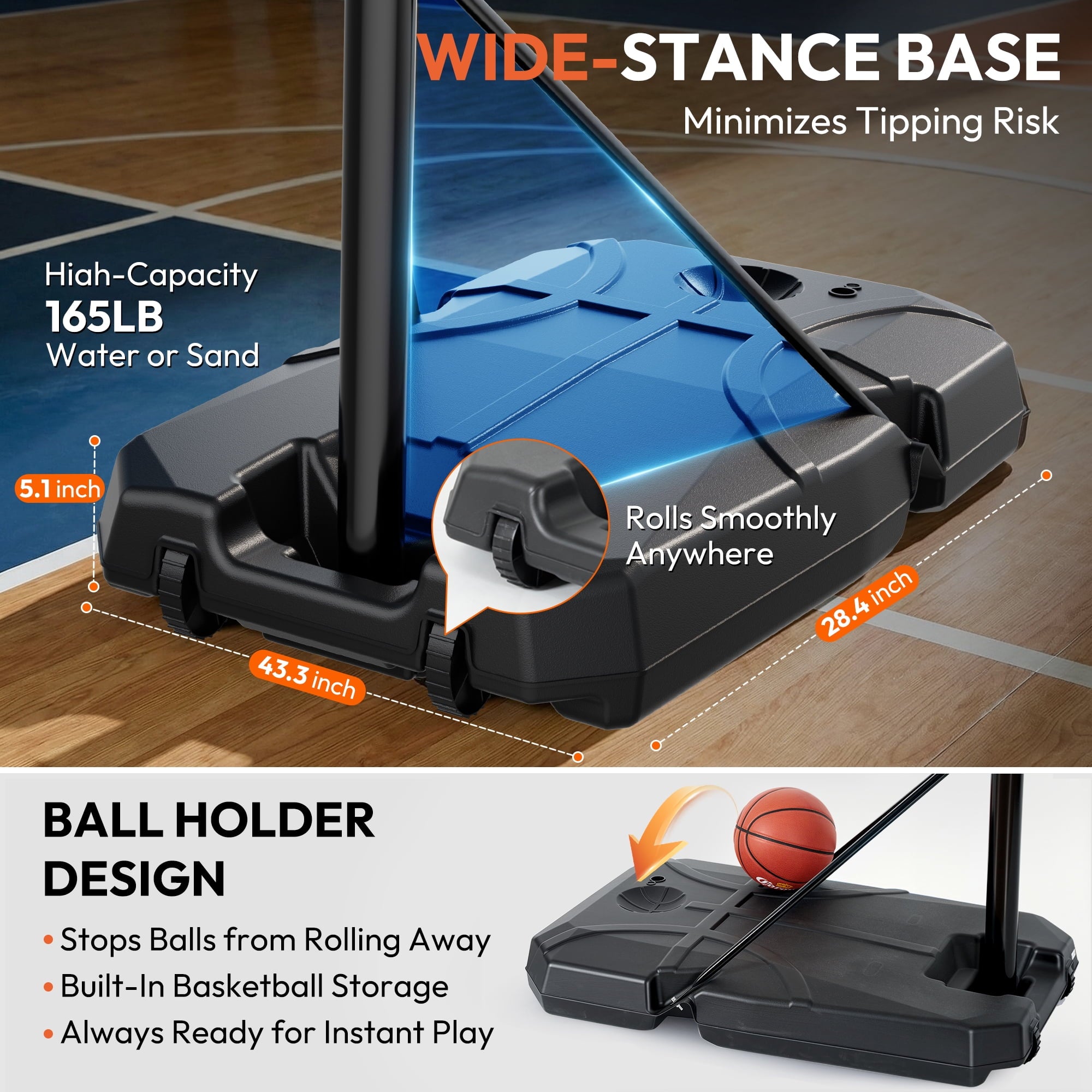 GASKY 44in Portable Basketball Hoop 7.55ft to 10ft Height Adjustable Basketball Goal with Large Backboard Base and Wheels for Youth Adults Outdoor