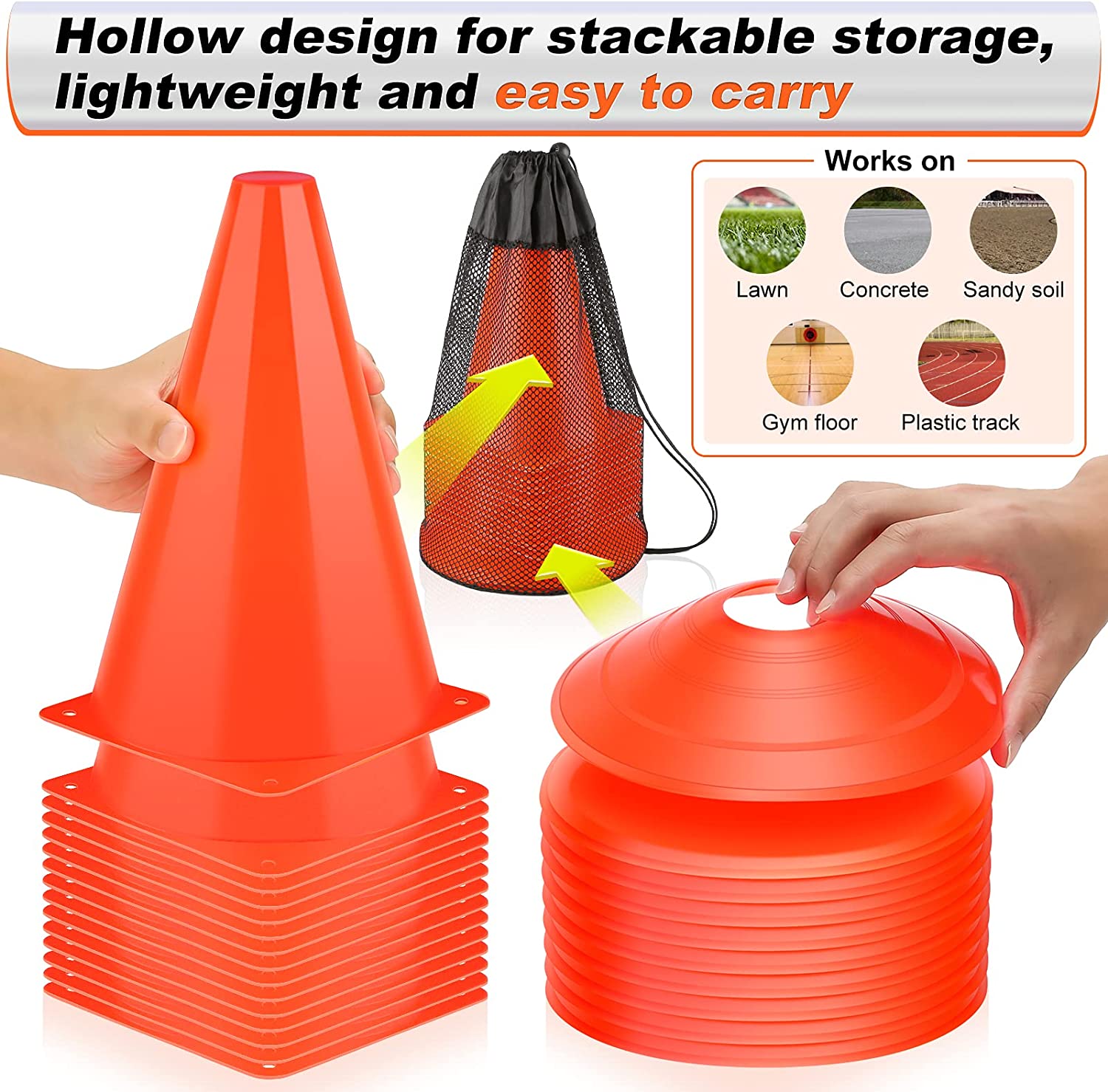 LANNEY 9'' Cones Sports, 24 Pack Soccer Football Basketball Plastic Orange Cone