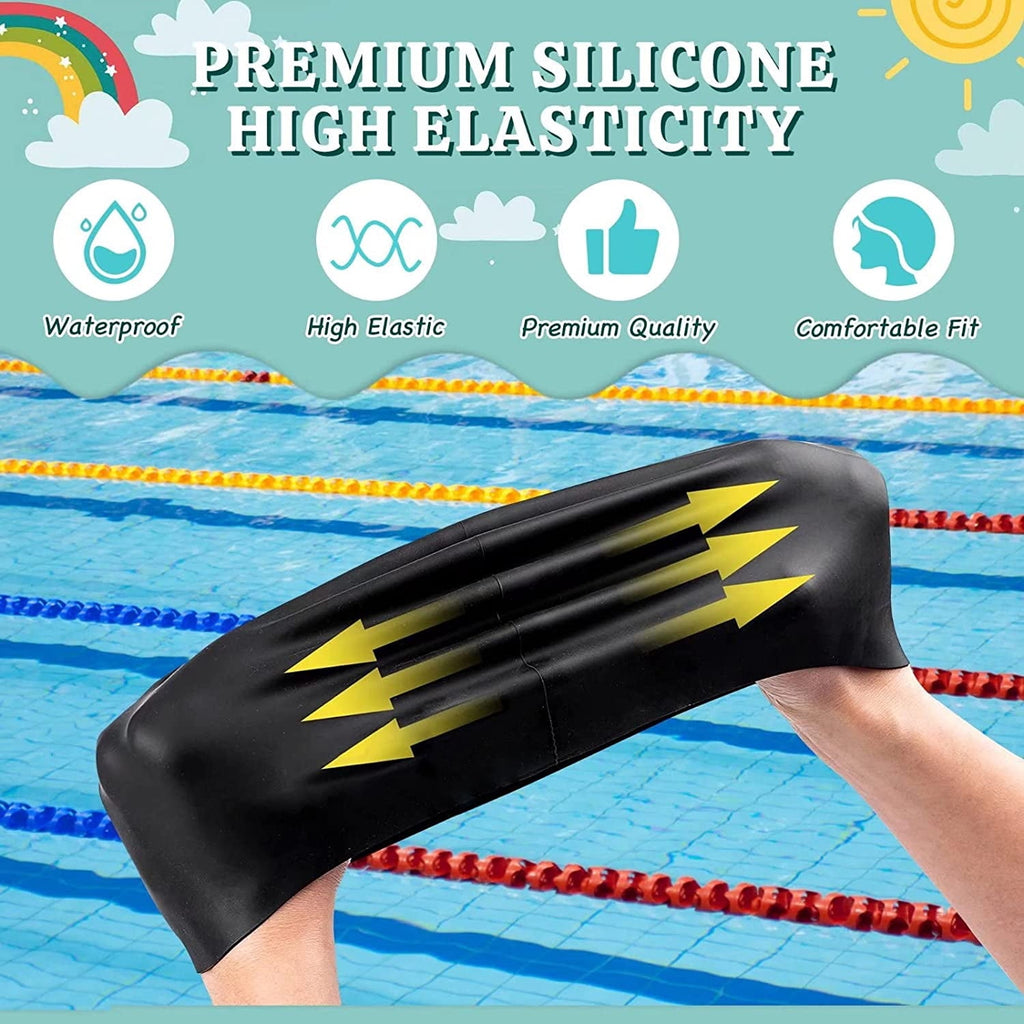 Skywee 2 Pack Kids Swim Caps for Boys Girls Durable Silicone Swimming Cap for Children Waterproof Shower Cap Bathing Hats with Ear Plugs & Nose Clip