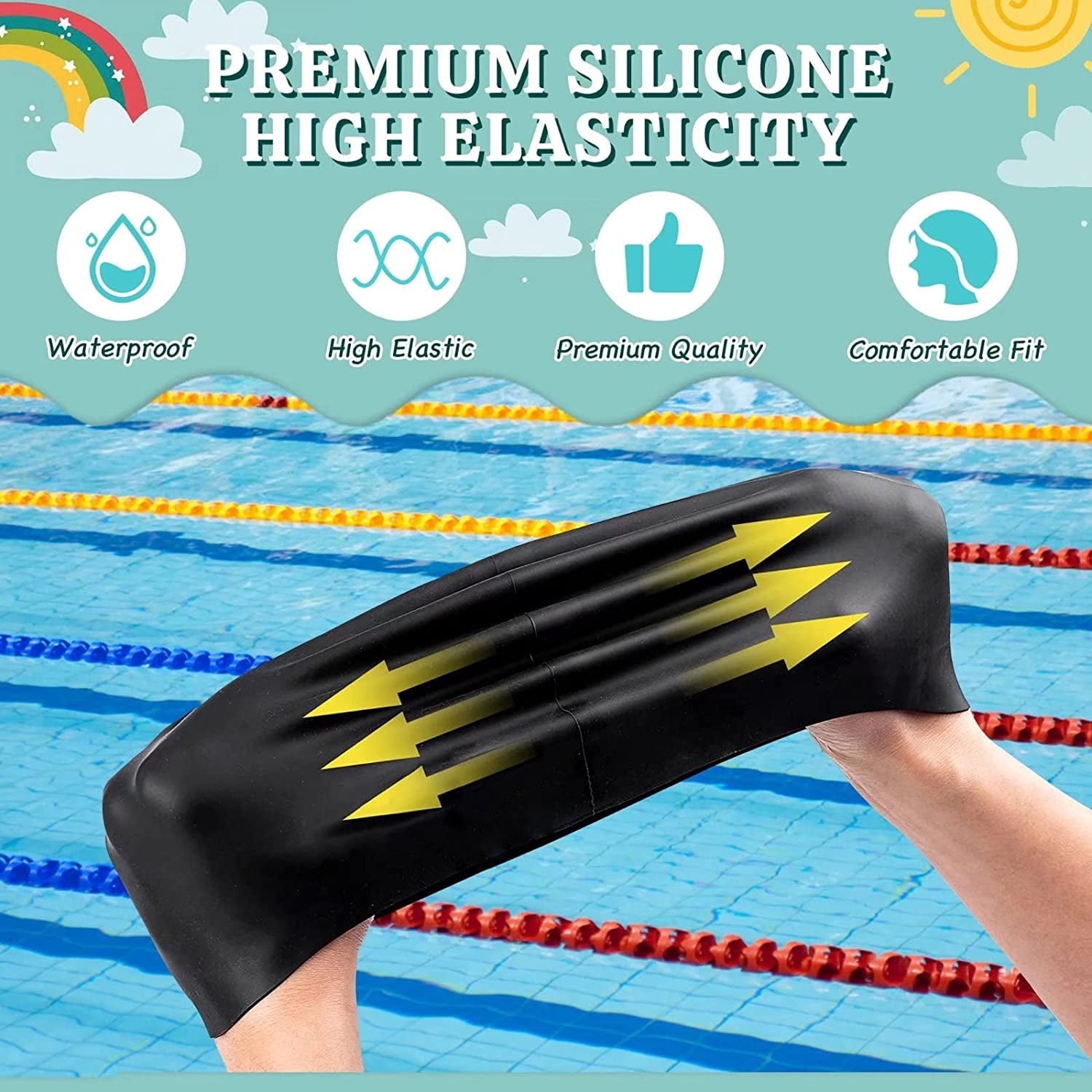 Skywee 2 Pack Kids Swim Caps for Boys Girls Durable Silicone Swimming Cap for Children Waterproof Shower Cap Bathing Hats with Ear Plugs & Nose Clip